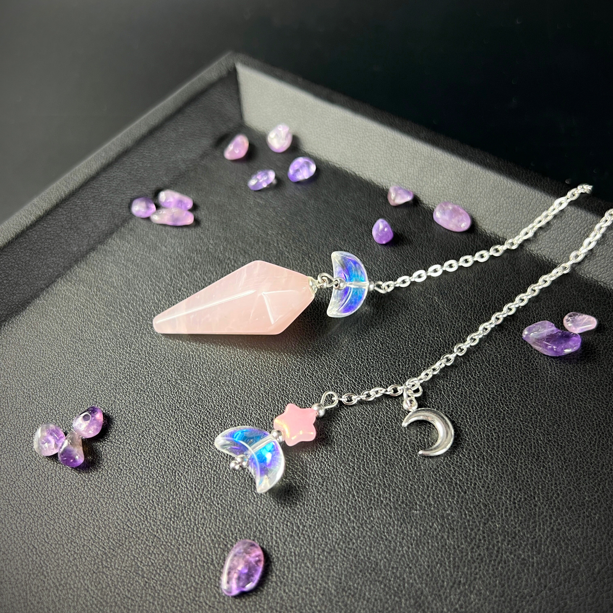 Celestial rose quartz dowsing pendulum, with moon & star charms