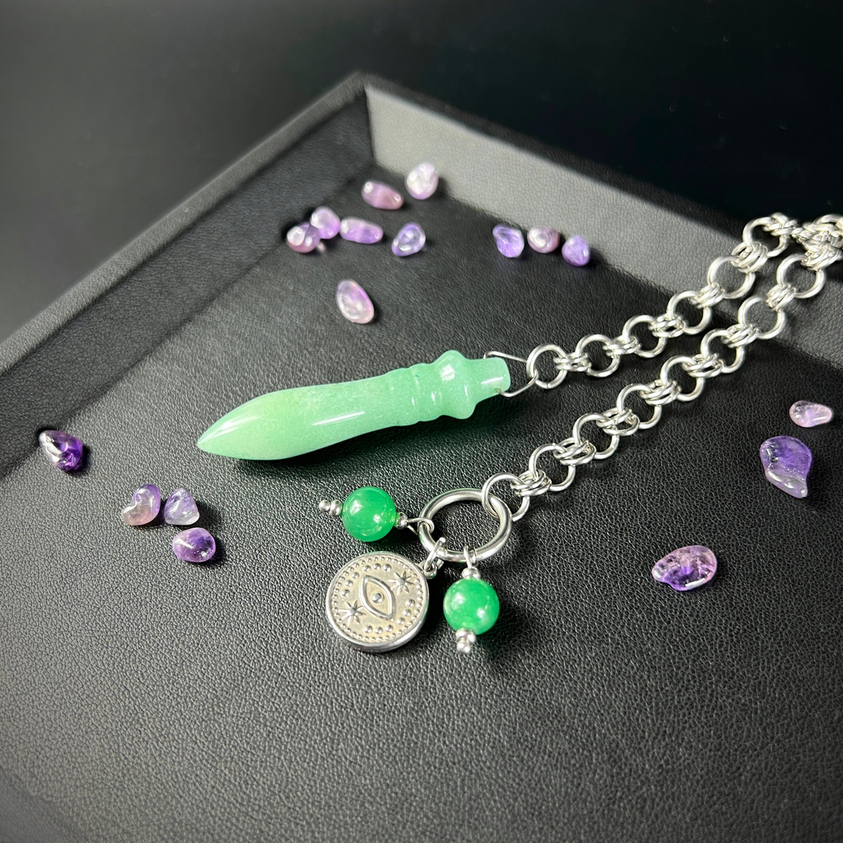 Egyptian Thot pendulum aventurine chainmail, third eye charm Baguette Magick