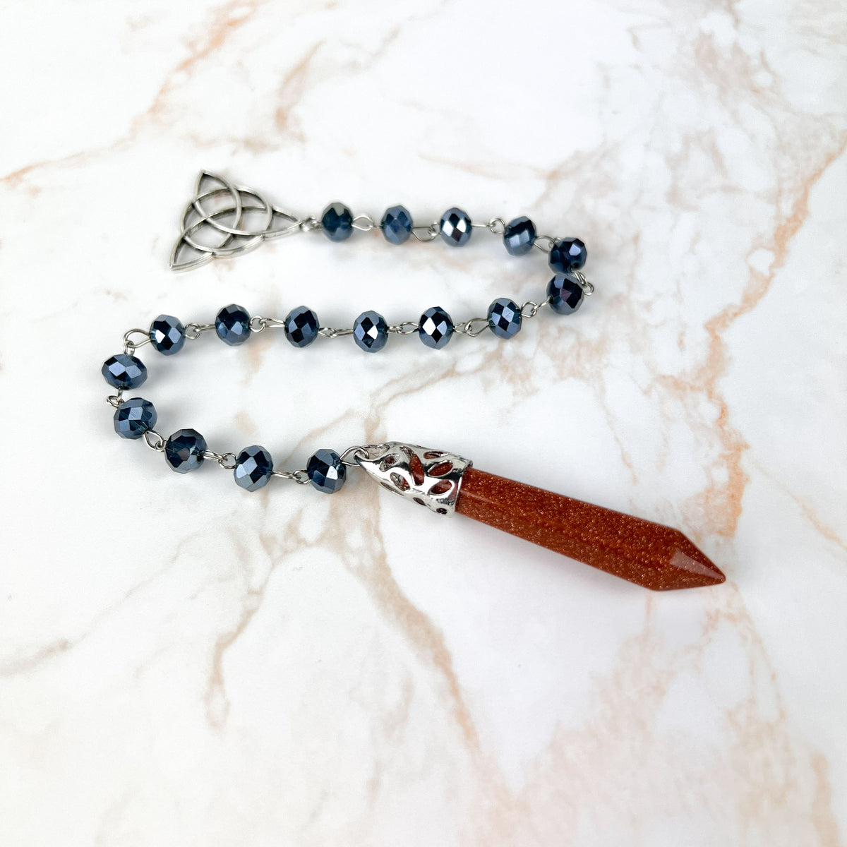 Goldstone pendulum, rosary chain and triquetra charm Baguette Magick