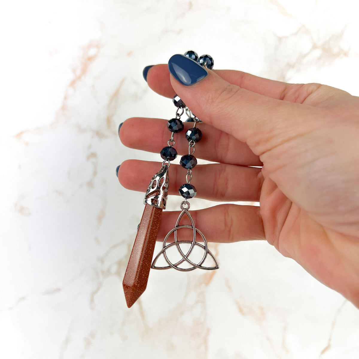 Goldstone pendulum, rosary chain and triquetra charm Baguette Magick