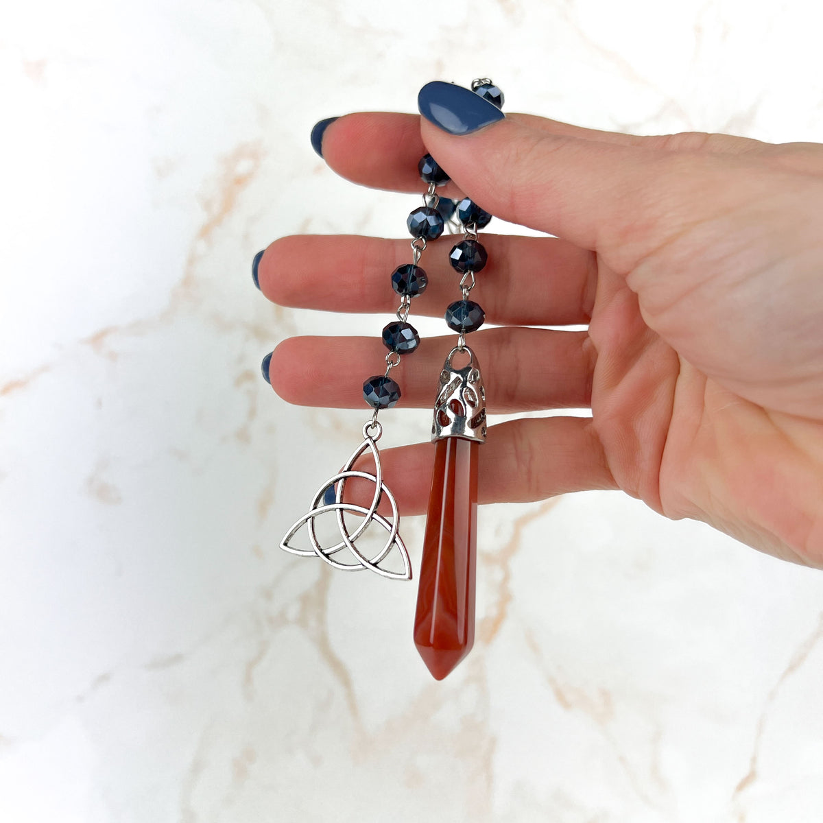 Carnelian gemstone pendulum, rosary chain and triquetra charm Baguette Magick