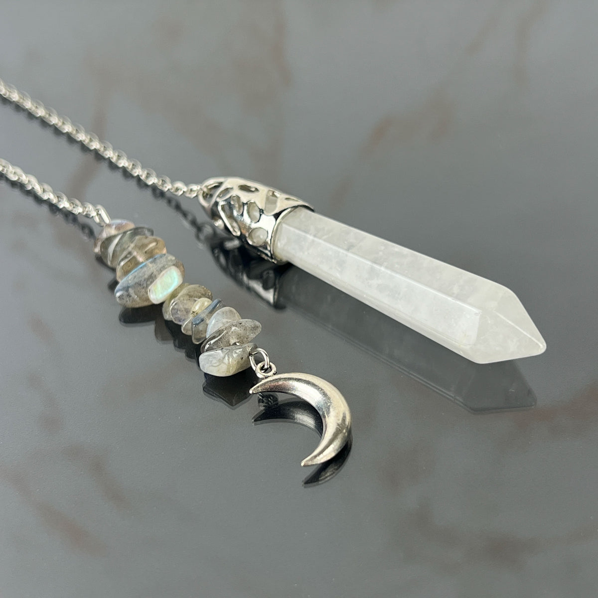Clear quartz and labradorite Moon crescent dowsing pendulum Baguette Magick