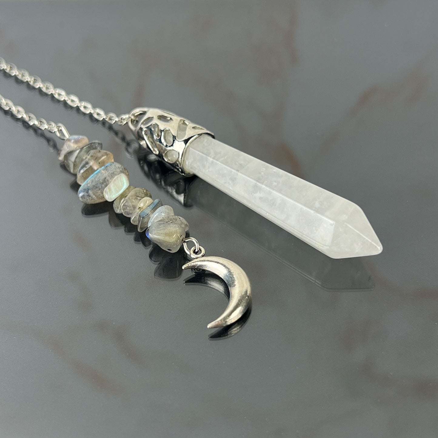 Clear quartz and labradorite Moon crescent dowsing pendulum Baguette Magick