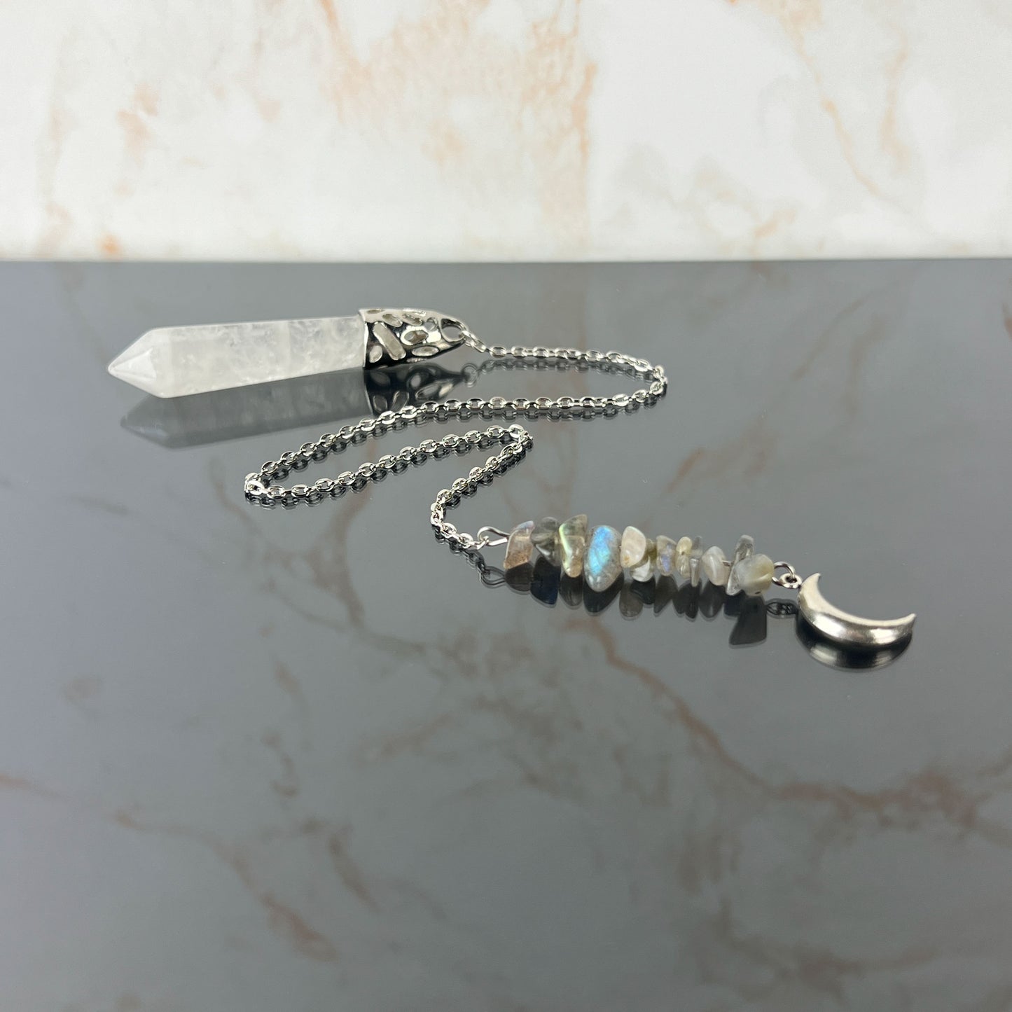 Clear quartz and labradorite Moon crescent dowsing pendulum Baguette Magick