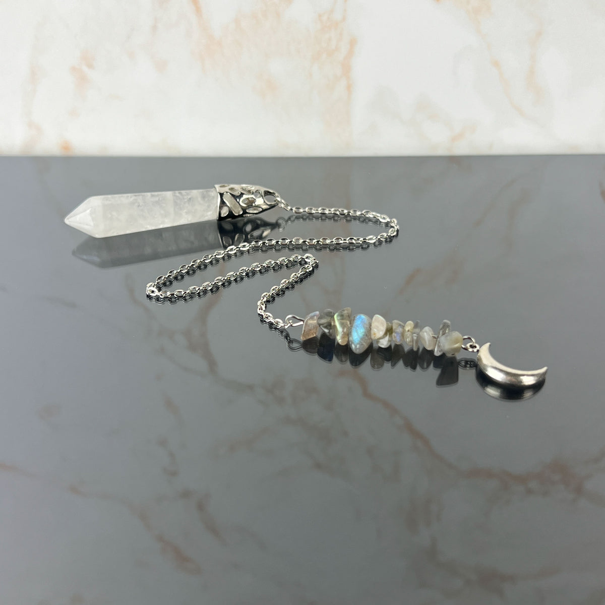 Clear quartz and labradorite Moon crescent dowsing pendulum Baguette Magick