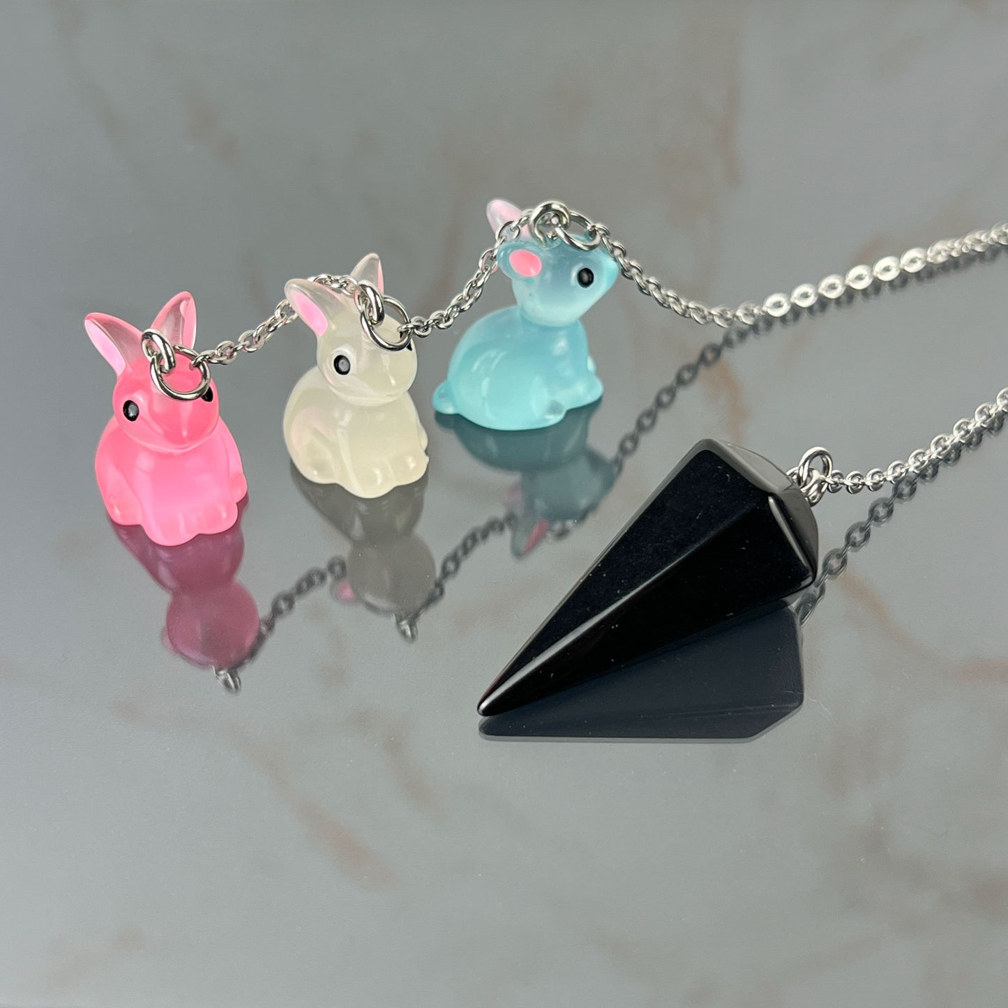 Easter bunnies obsidian pendulum, stainless steel Baguette Magick