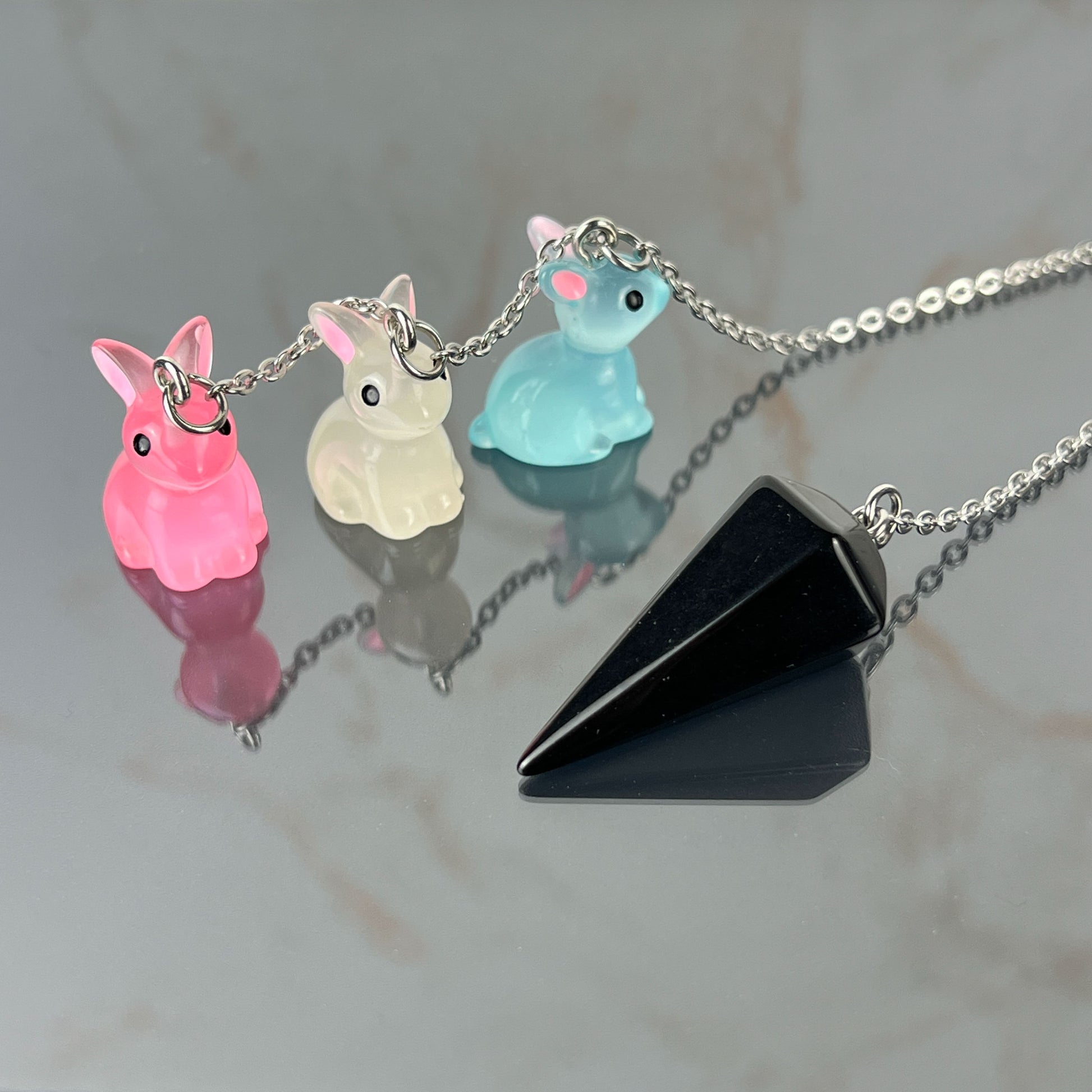 Easter bunnies obsidian pendulum, stainless steel Baguette Magick