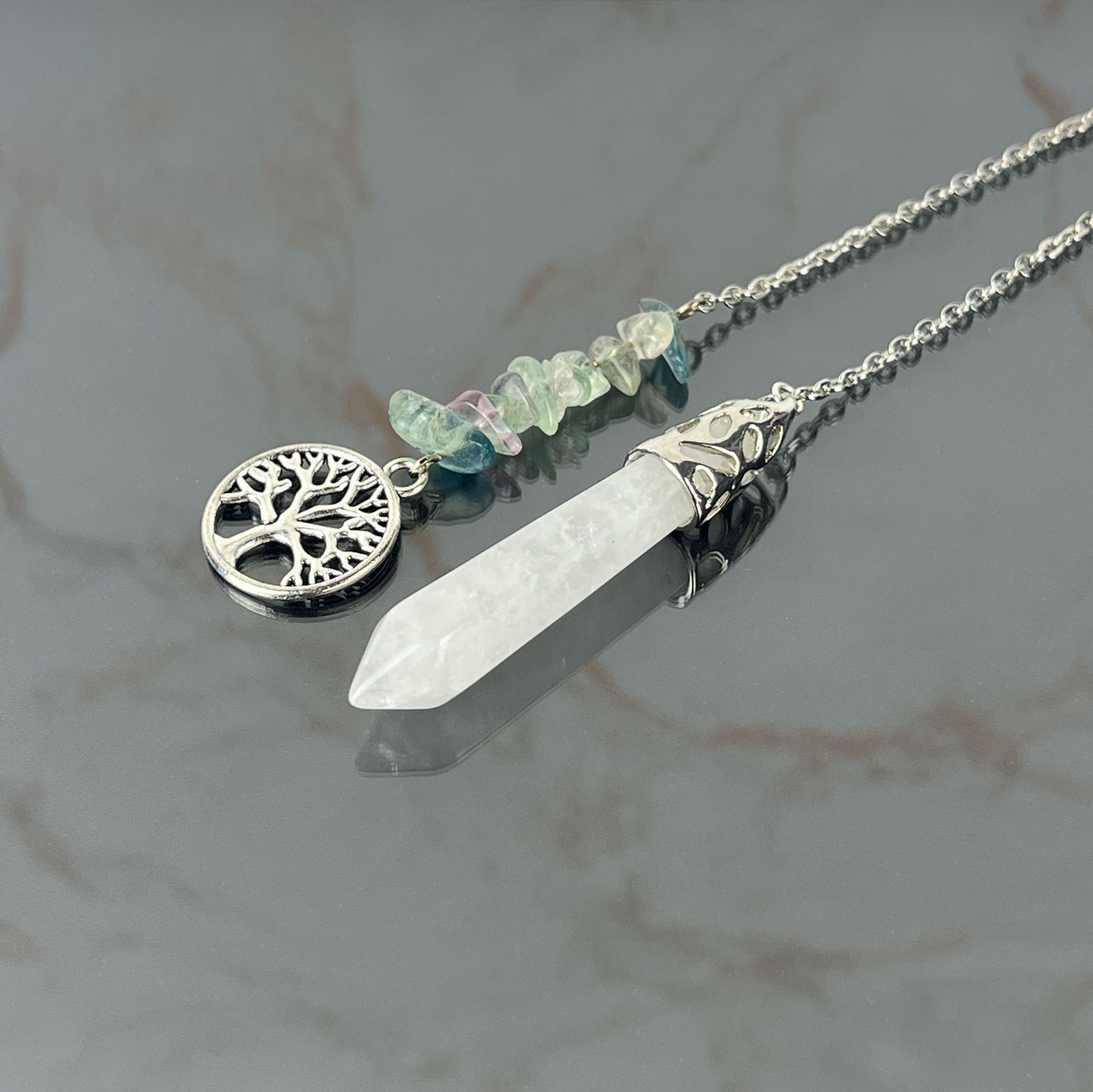 Clear quartz, fluorite and tree of life pendulum Baguette Magick