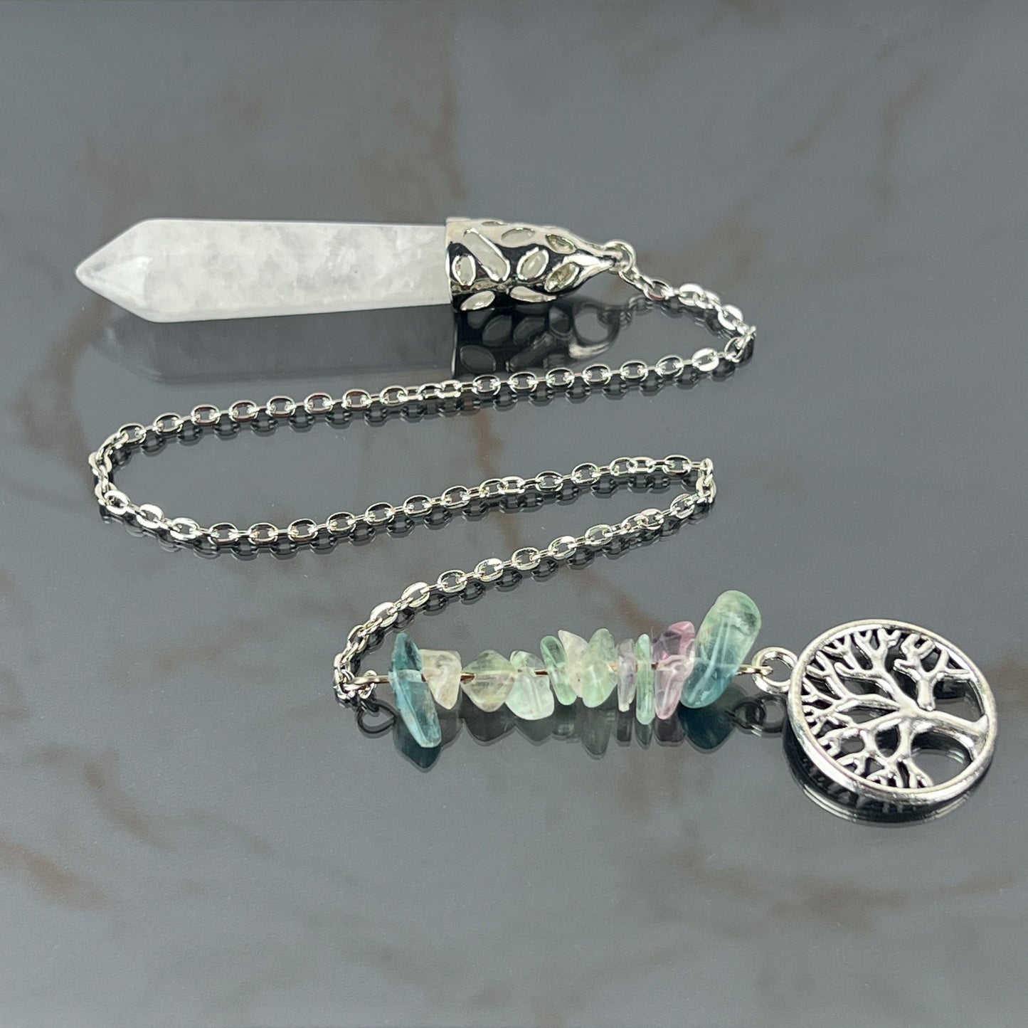 Clear quartz, fluorite and tree of life pendulum Baguette Magick
