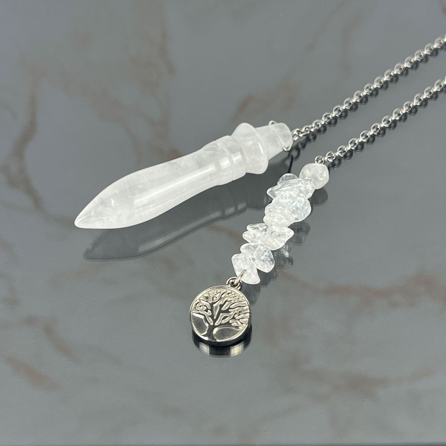 Egyptian Thot pendulum clear quartz and stainless steel, tree of life charm Baguette Magick