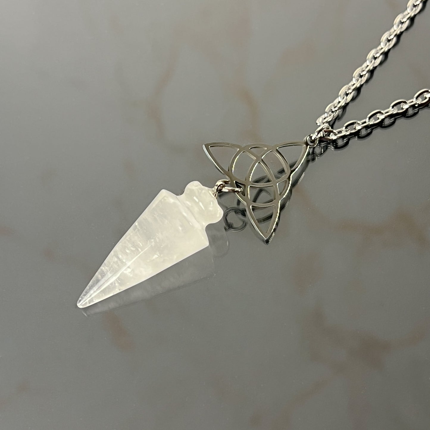 Clear quartz and triquetra Celtic knot pendulum necklace, stainless steel Baguette Magick