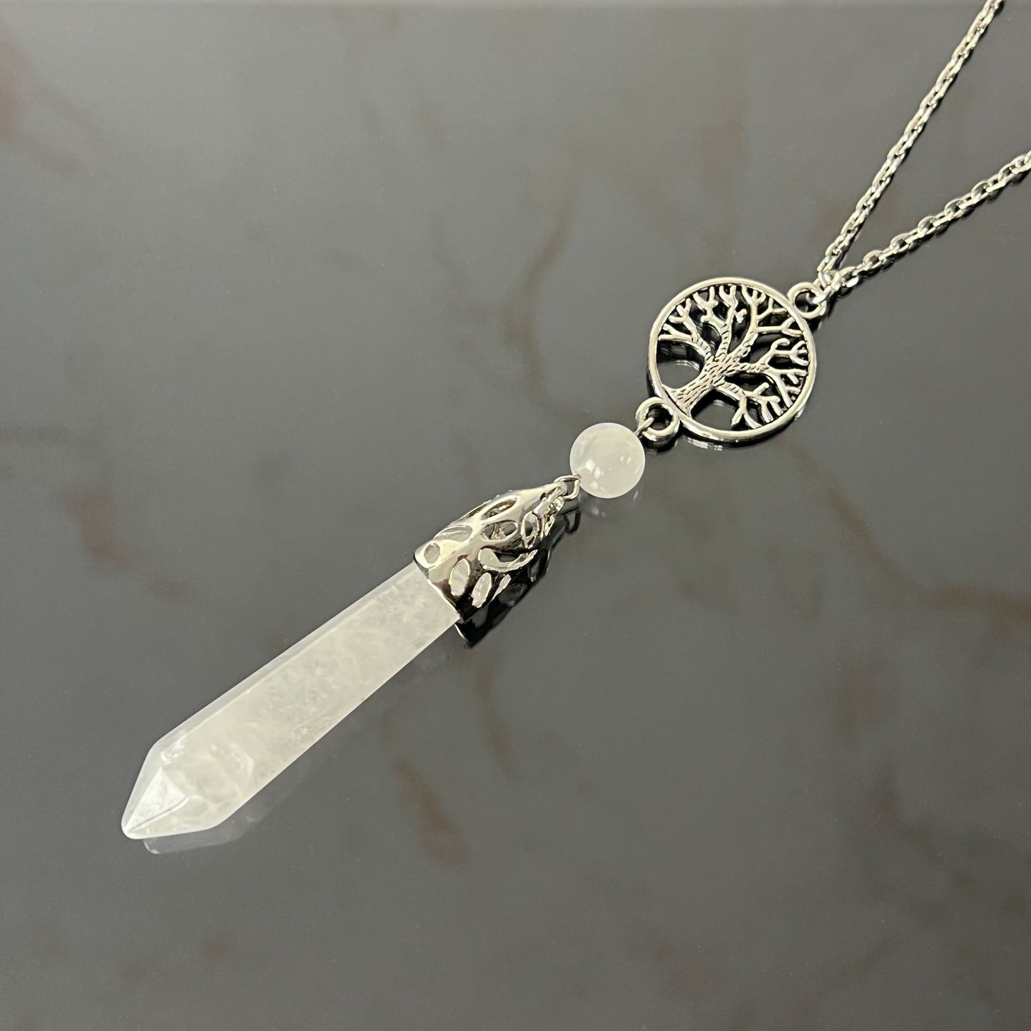 Clear quartz and tree of life pendulum necklace Baguette Magick
