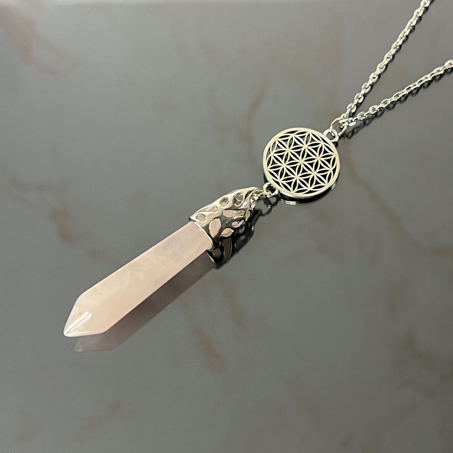 Rose quartz flower of life pendulum necklace Baguette Magick
