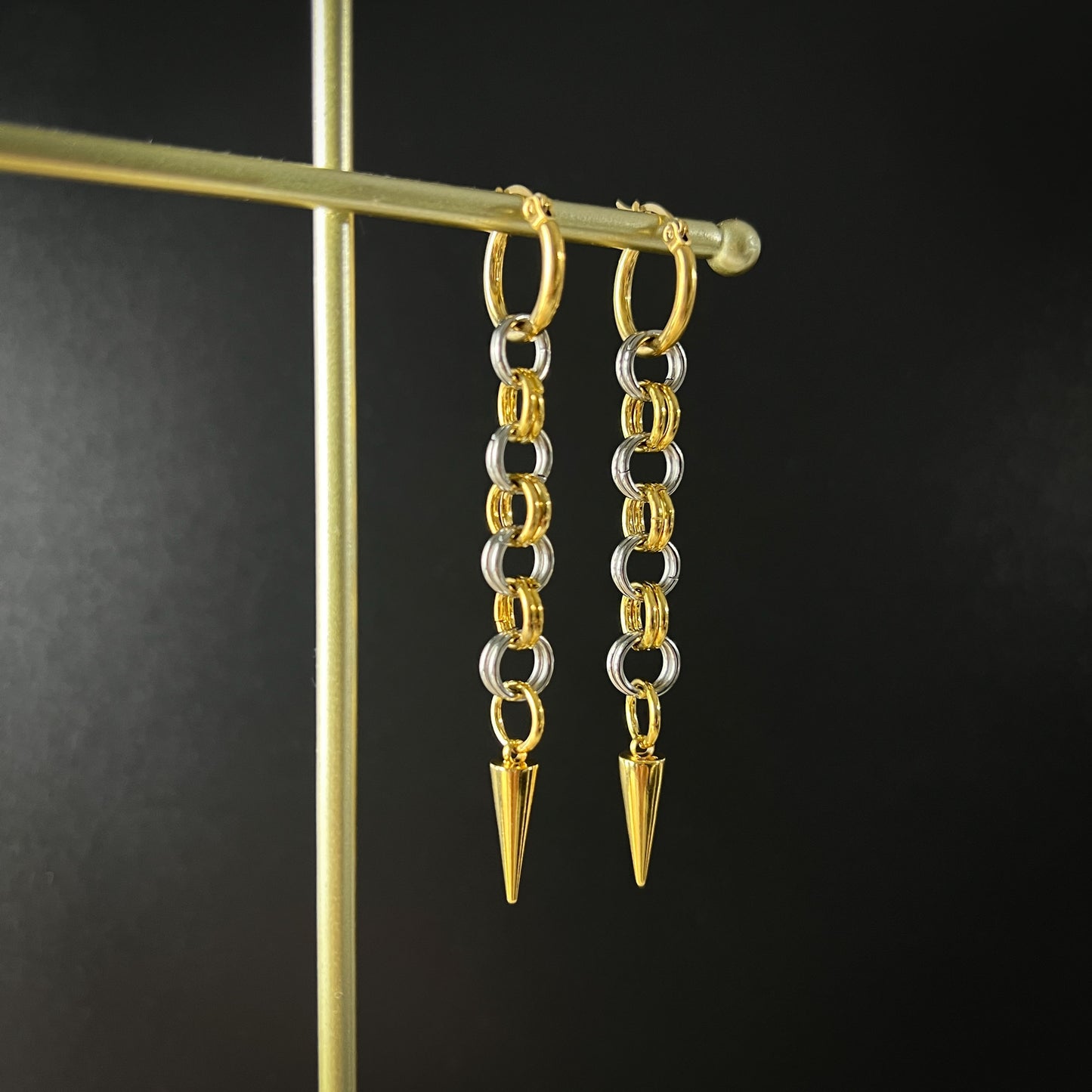 Silver and gold mixed metal chainmail earrings, hoops and spikes Baguette Magick