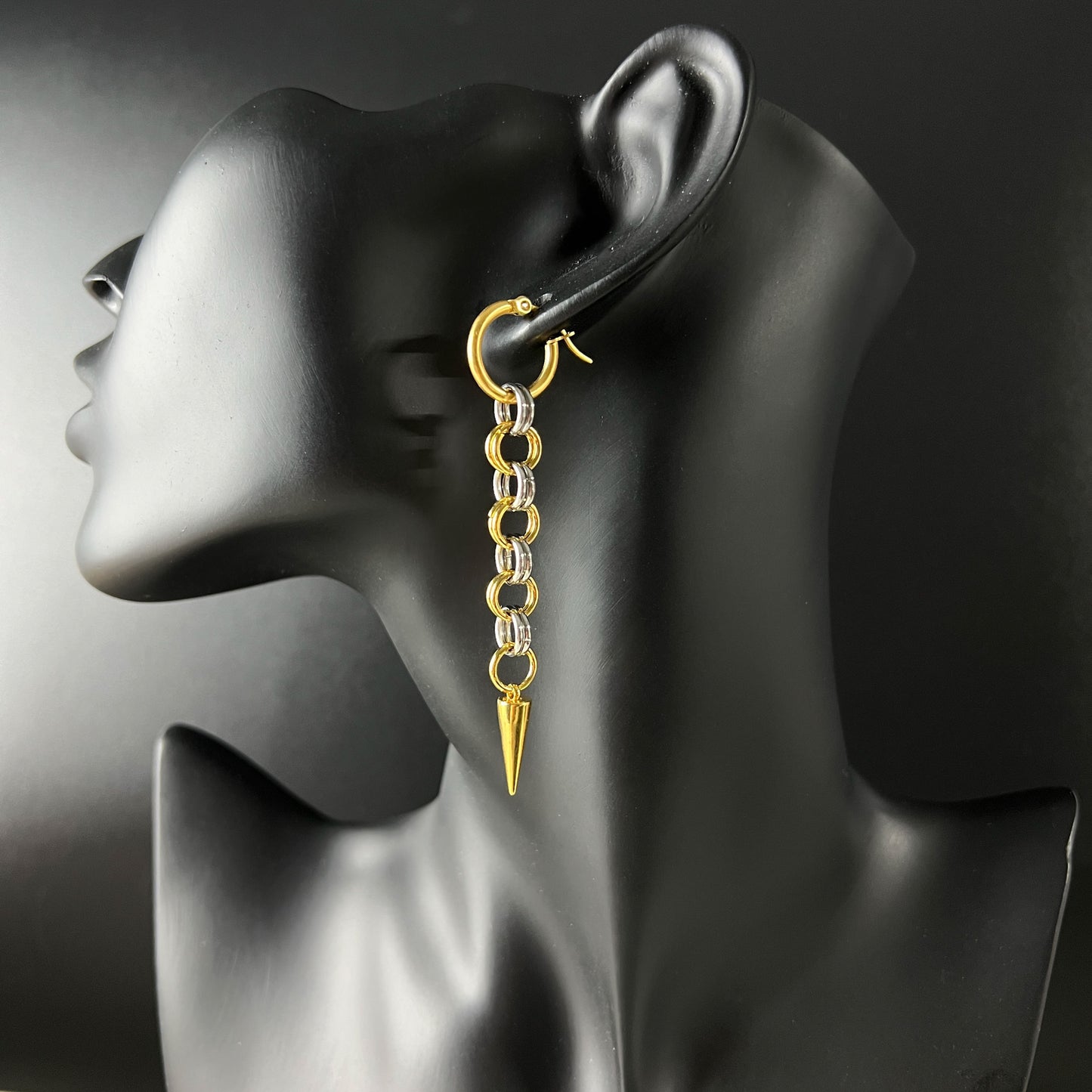 Silver and gold mixed metal chainmail earrings, hoops and spikes Baguette Magick