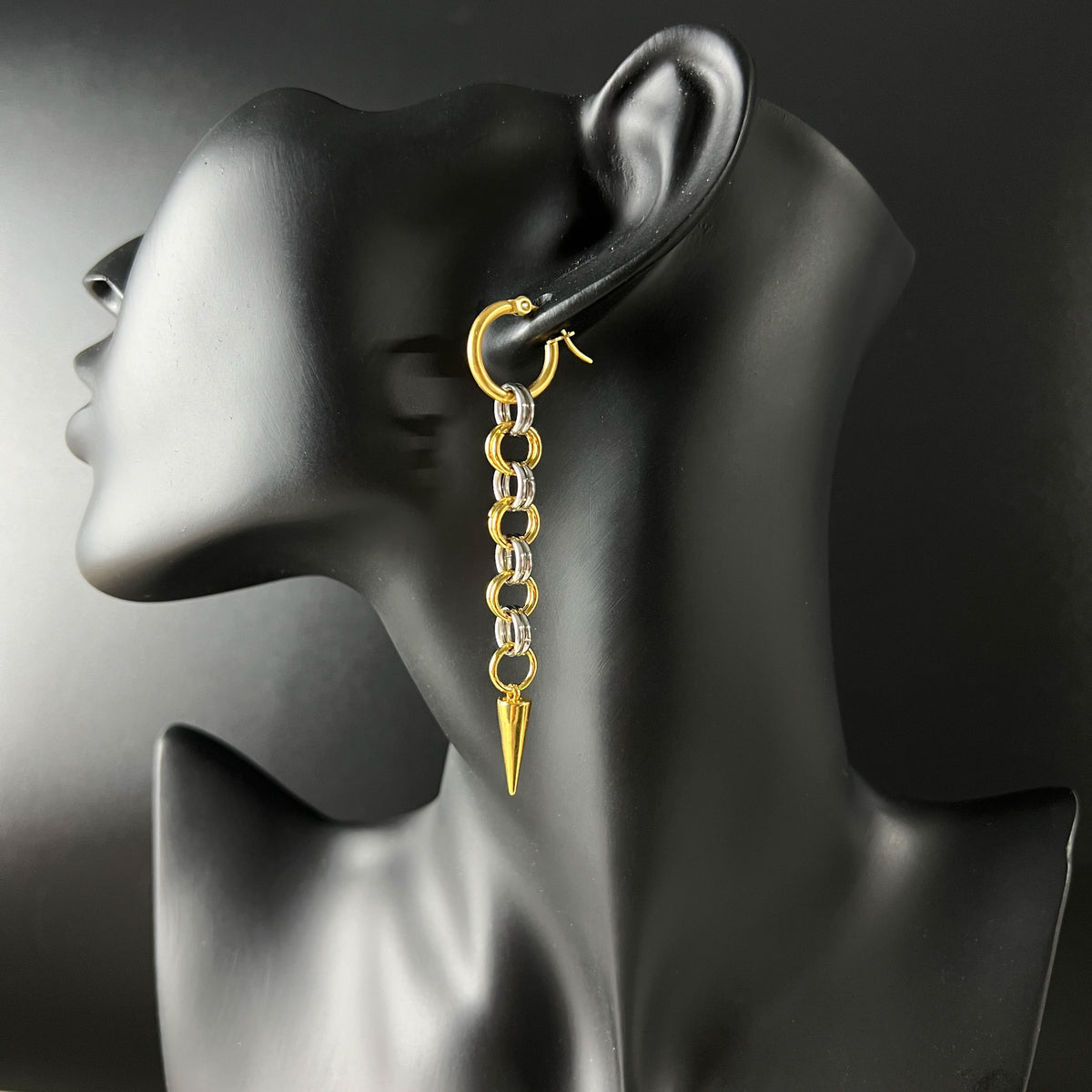 Silver and gold mixed metal chainmail earrings, hoops and spikes Baguette Magick