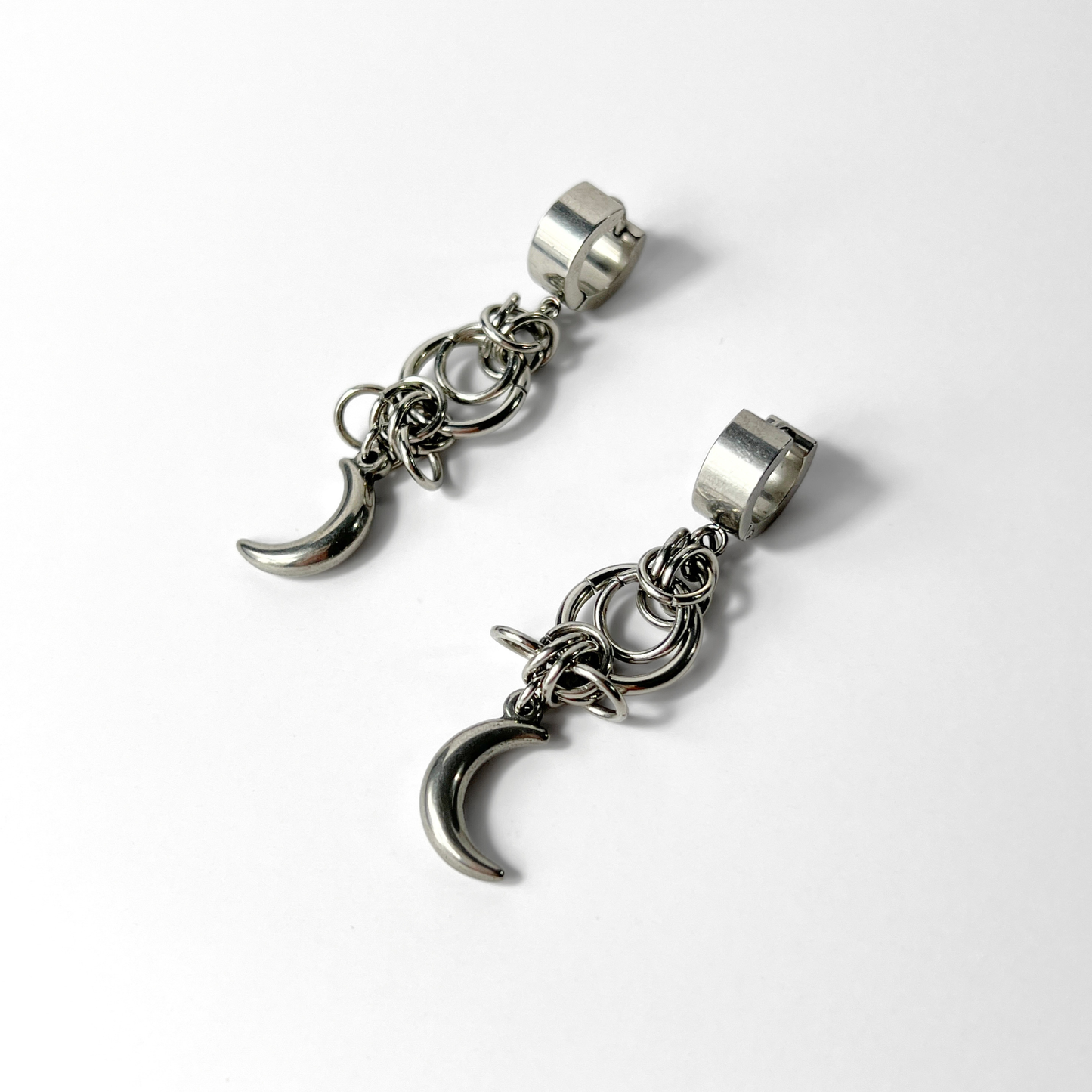 Celestial chainmail earrings, Byzantine weave and Moon crescent, stainless steel