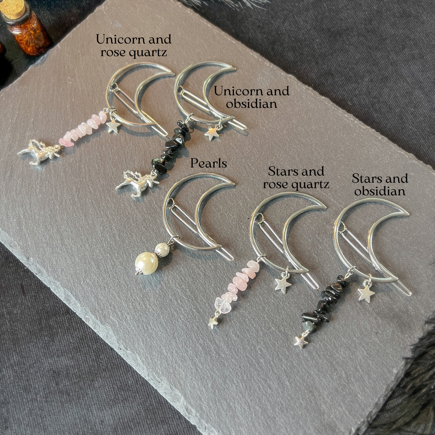 Moon crescent hair clip for gothic, witchy, whimsical hairstyles Baguette Magick