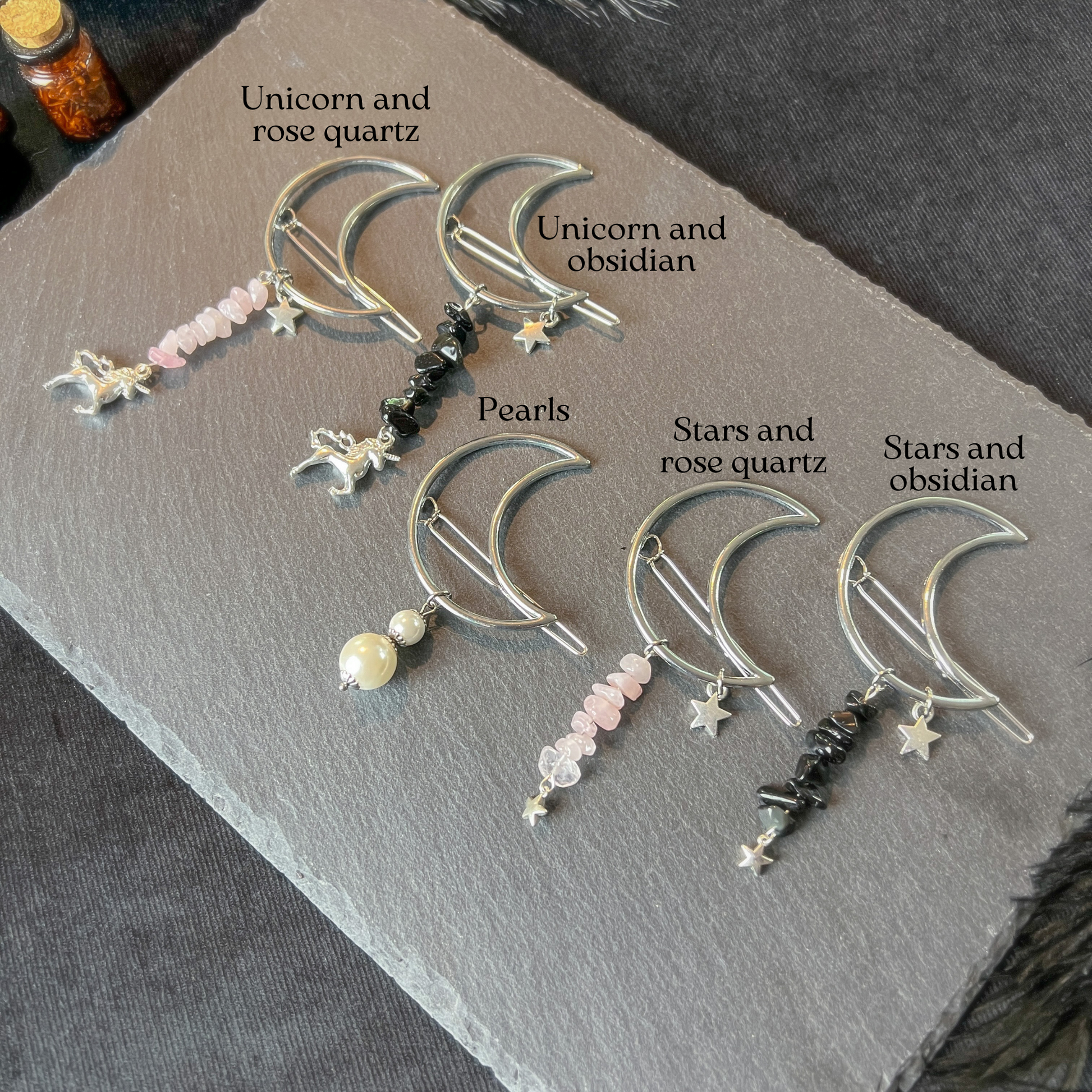 Moon crescent hair clip for gothic, witchy, whimsical hairstyles Baguette Magick