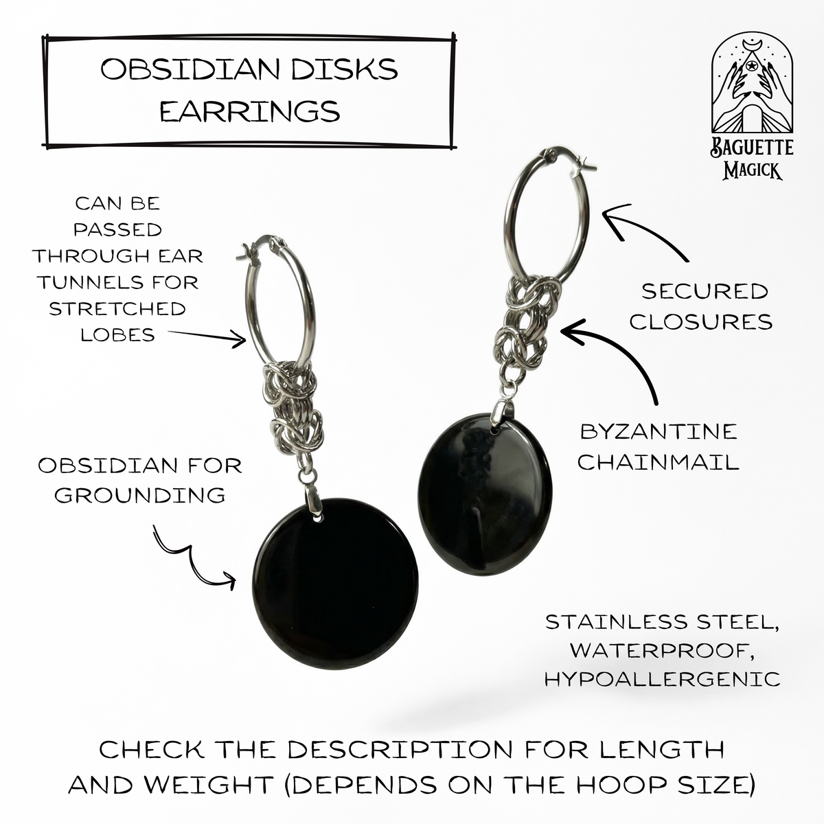 Obsidian disks Byzantine chainmail and hoop earrings, stainless steel Baguette Magick