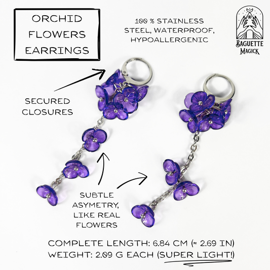 Purple orchid flowers dangle and drop earrings, made with silver tone stainless steel, light floral and dainty flower jewelry for her