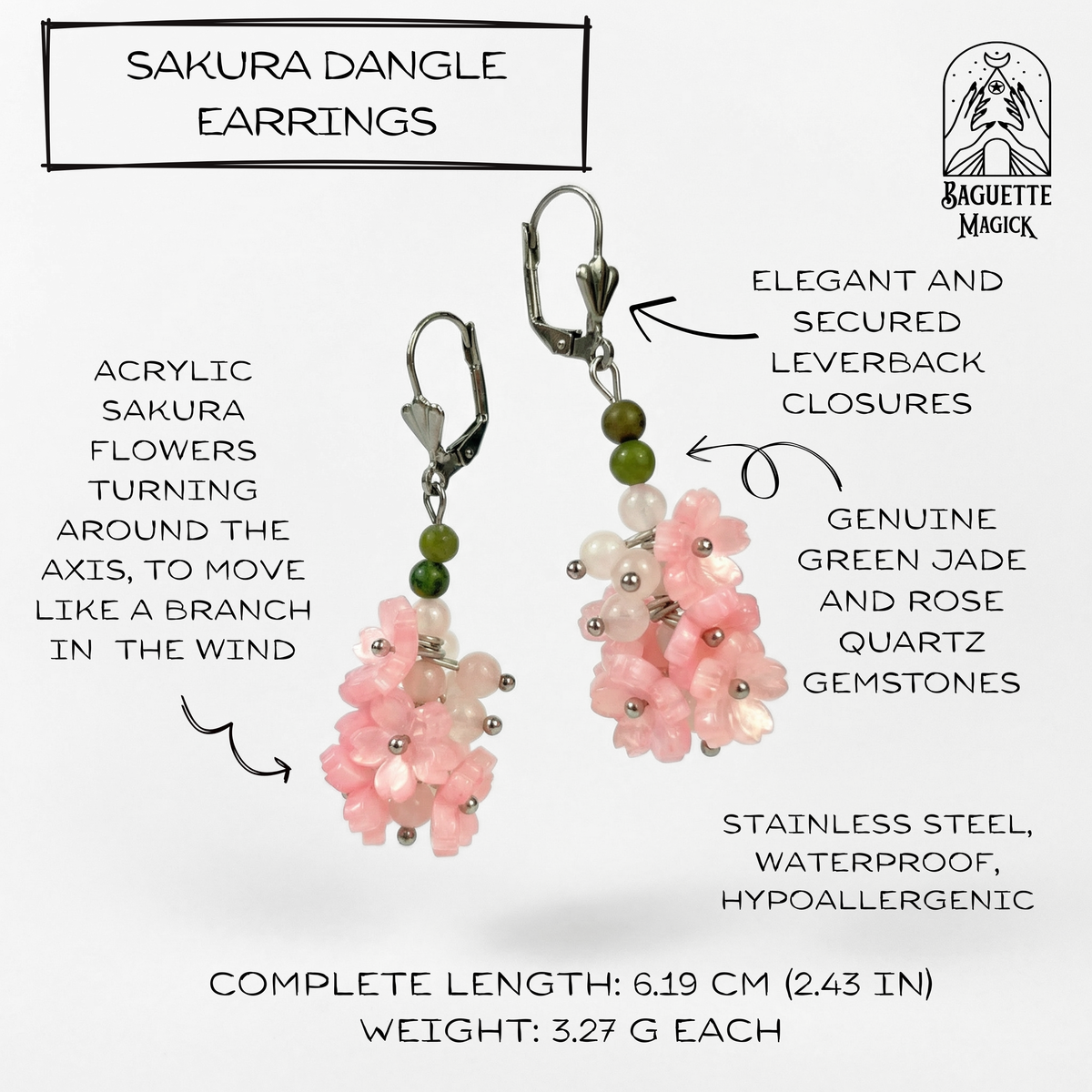 Sakura bloom dangle earrings: rose quartz, green jade, leverback