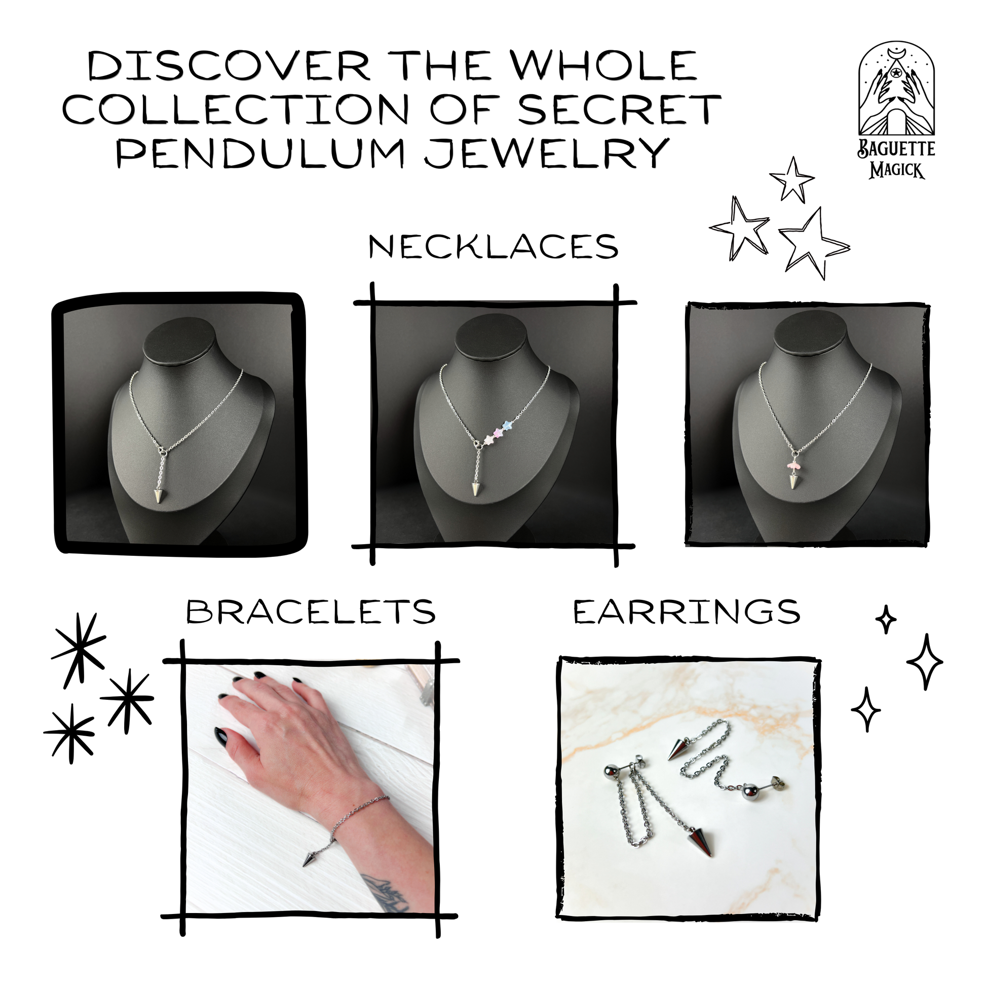 Secret pendulum earrings stainless steel spike and chains Baguette Magick