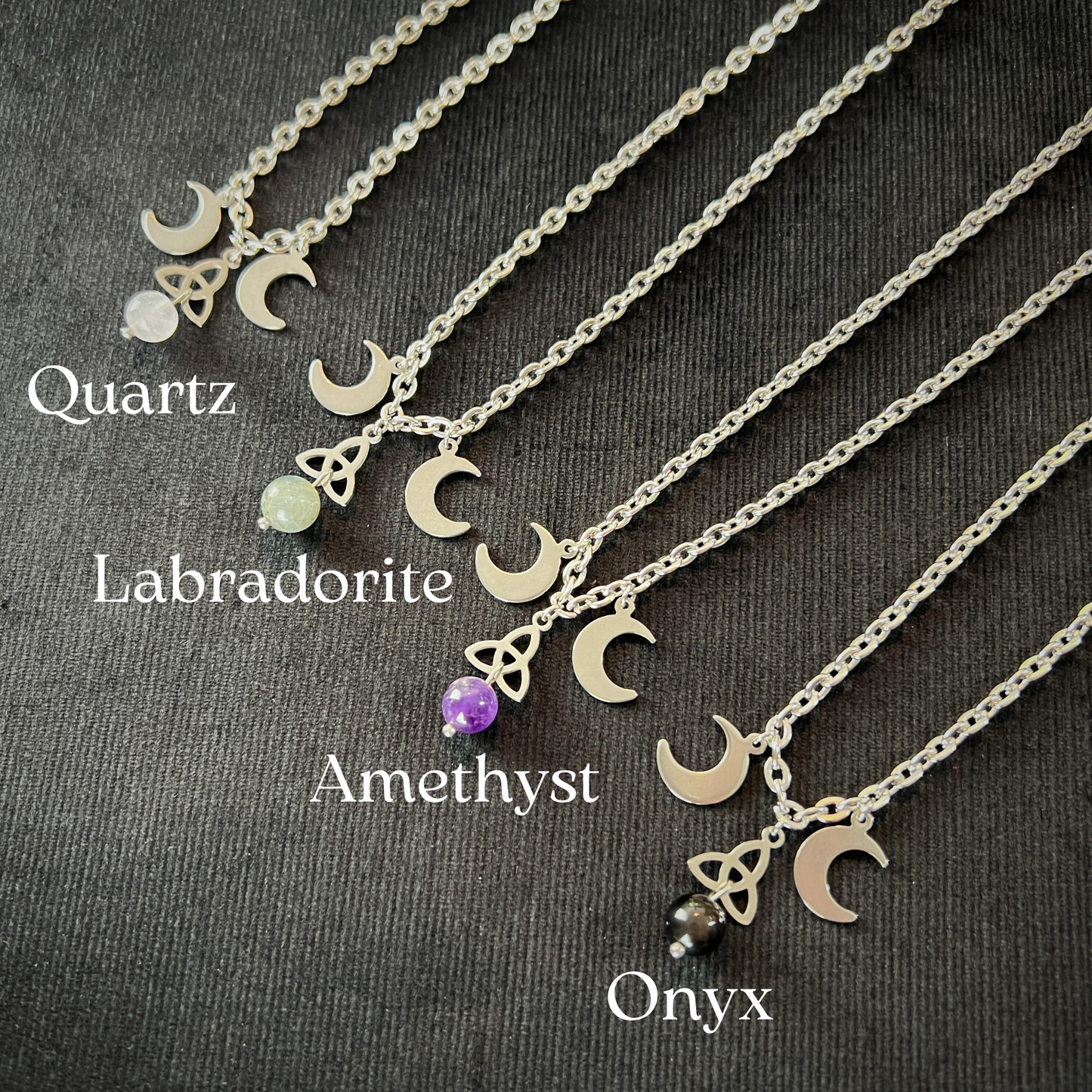 Triple moon Triquetra necklace made of stainless steel and gemstone Baguette Magick