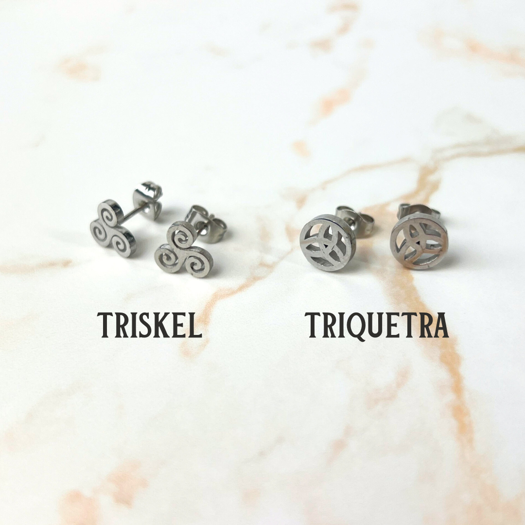Celtic stud earrings, Triskel or Triquetra Baguette Magick