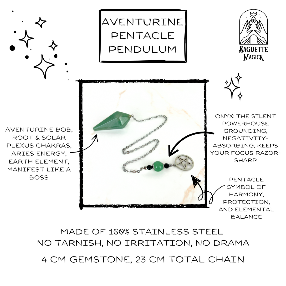 The witch pentacle pendulum, Aventurine, Onyx, stainless steel Baguette Magick