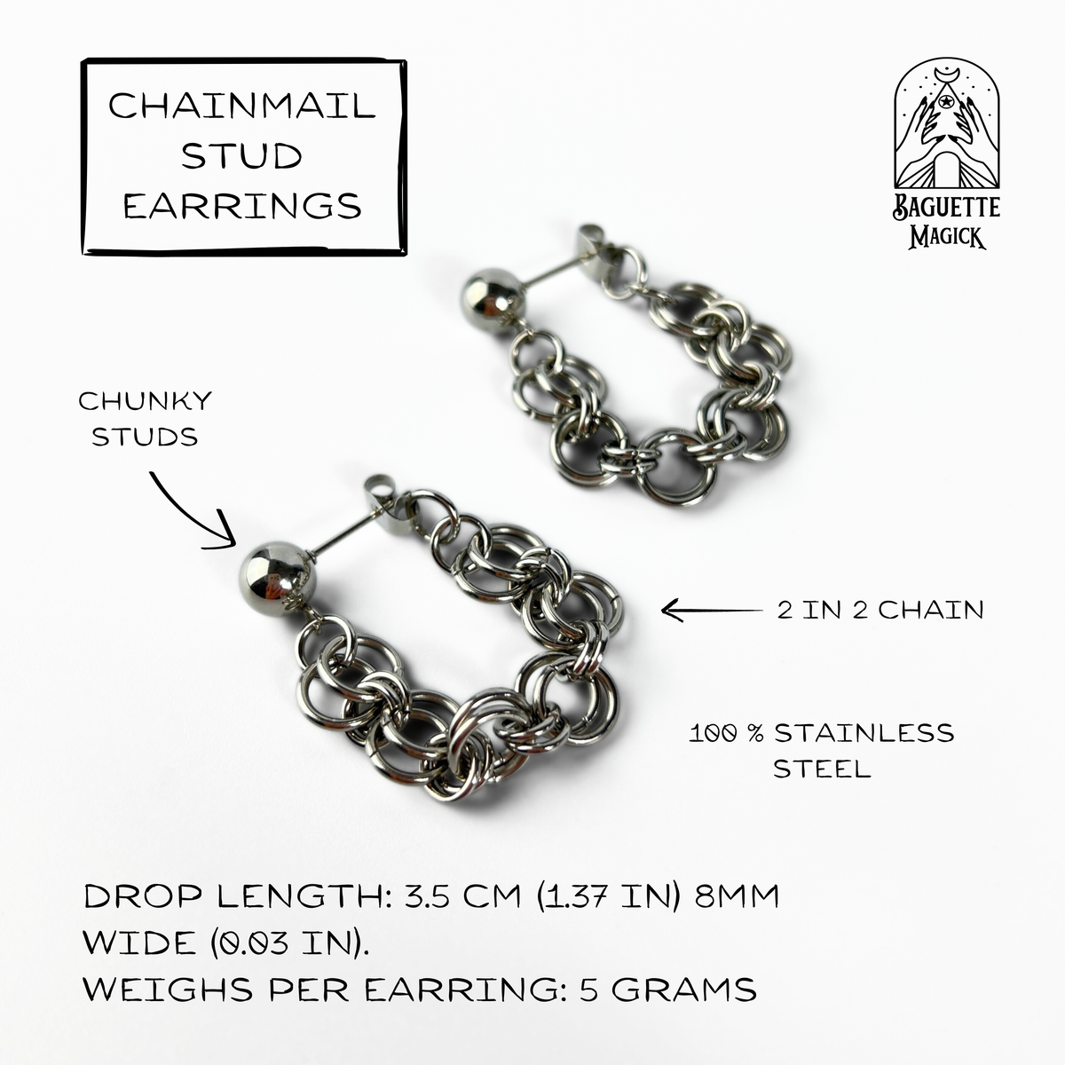 Chainmail gothic stud earrings Baguette Magick
