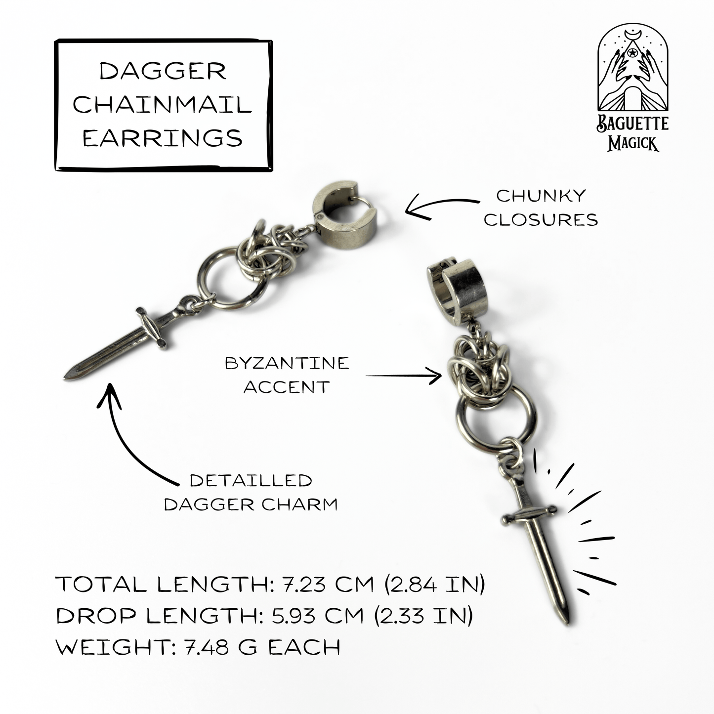 Dagger and Byzantine chainmail earrings Baguette Magick
