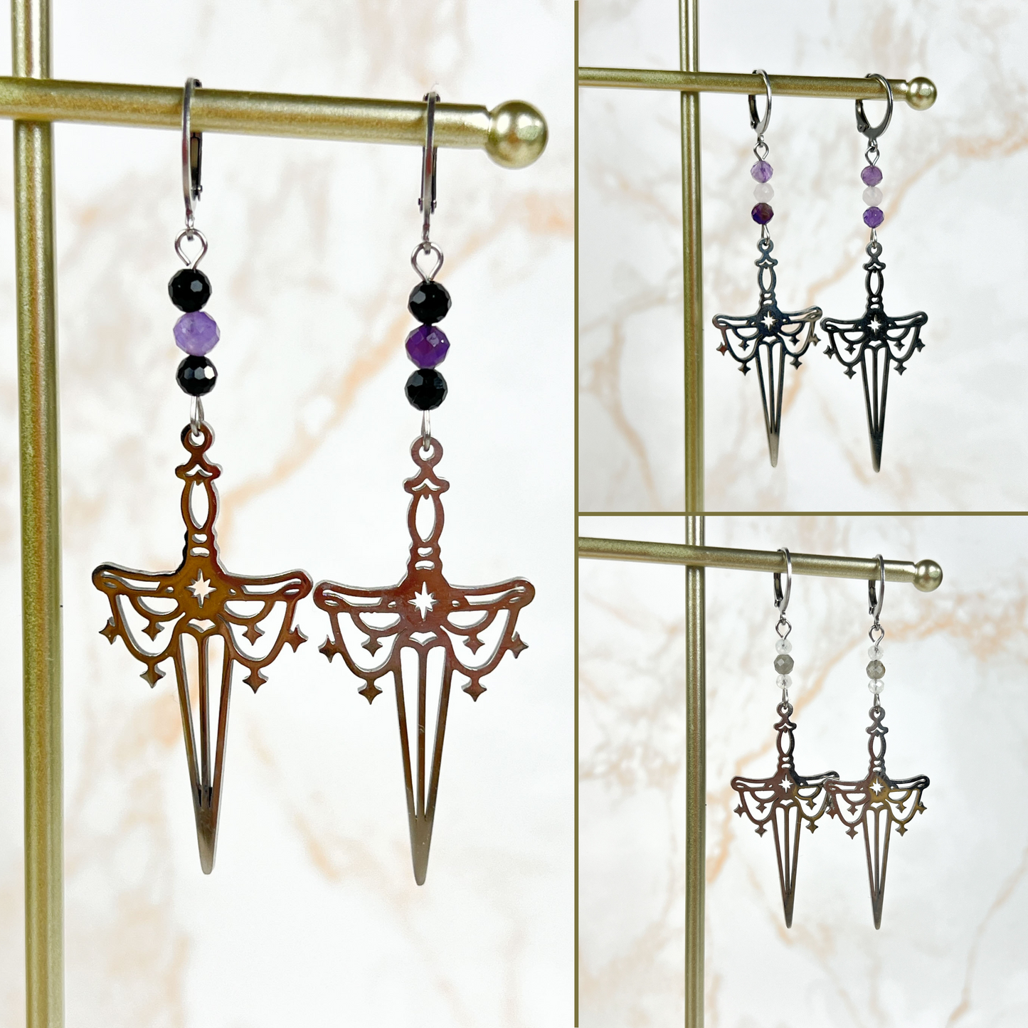 Gemstone sword earrings, stainless steel and faceted beads Baguette Magick
