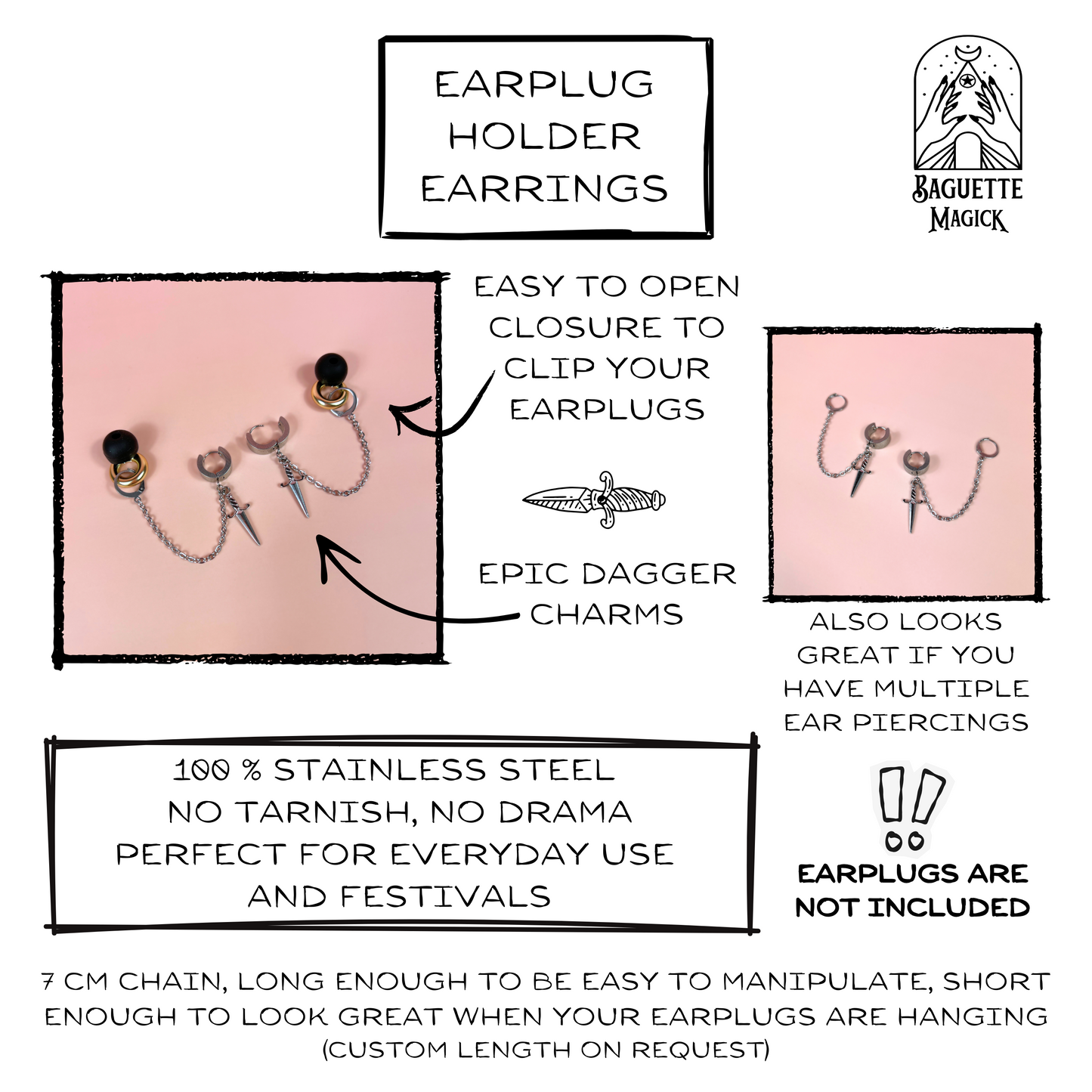Dagger ear plug holder earrings Baguette Magick