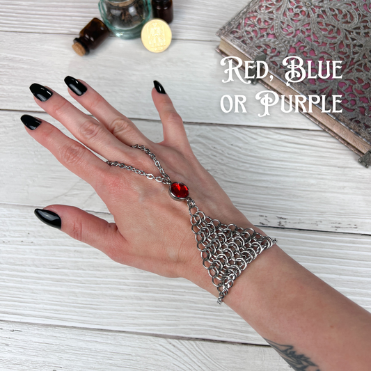 Chainmail and rhinestone ring bracelet hand chain, stainless steel, red, blue or purple Baguette Magick