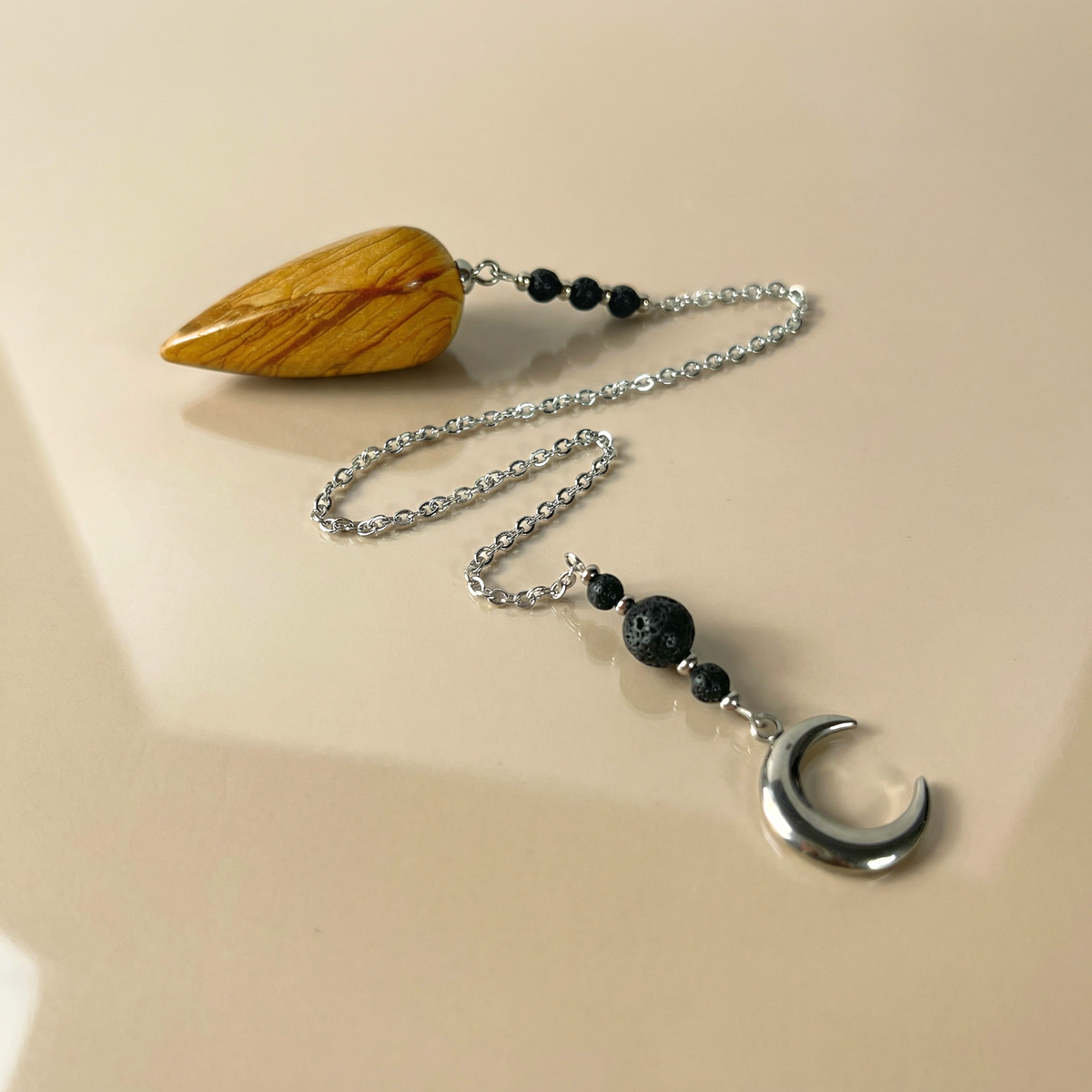 Picture jasper, lava rock and Moon crescent pendulum Baguette Magick