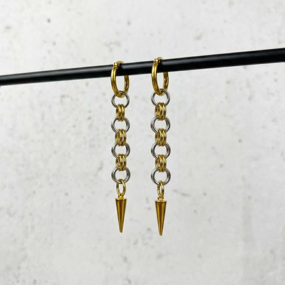 Silver and gold mixed metal chainmail earrings, hoops and spikes Baguette Magick