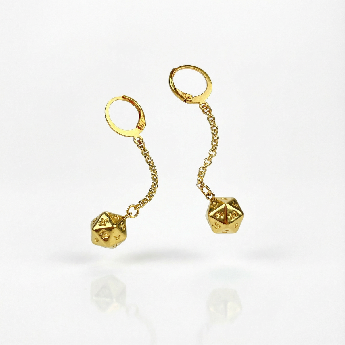 D20 gold dice roleplay earrings, 18k gold plated stainless steel Baguette Magick