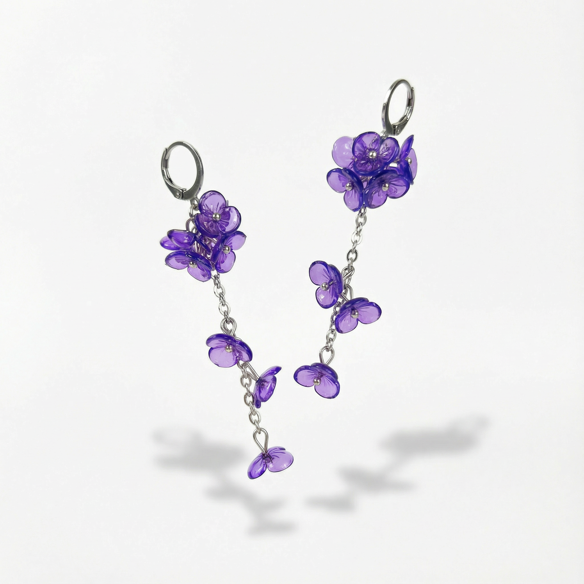 Purple orchid flowers dangle earrings, stainless steel Baguette Magick