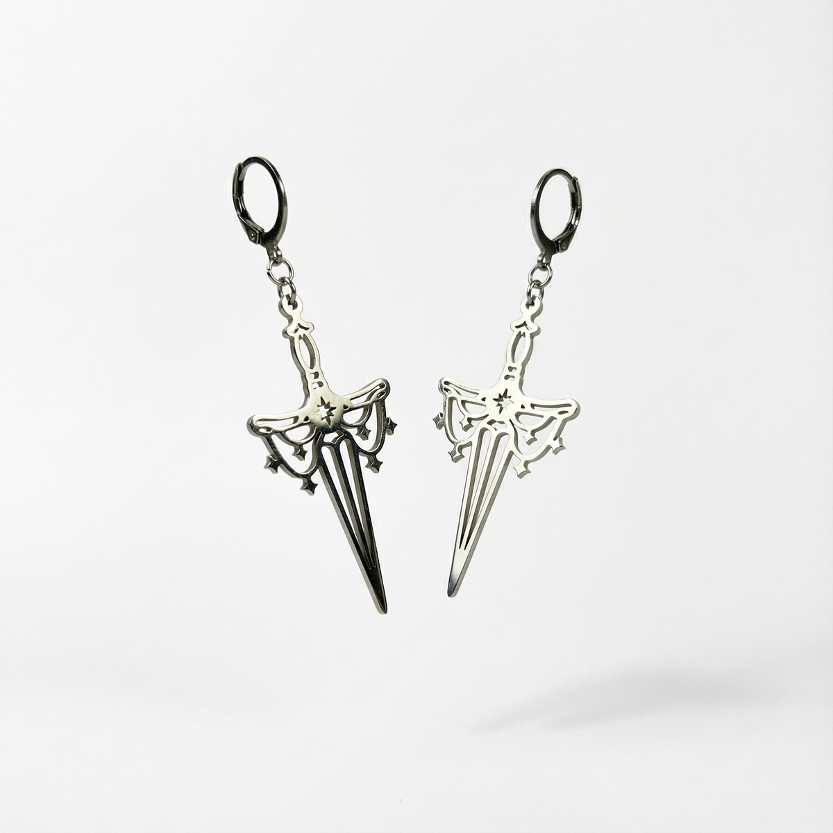 Athame dagger earrings, silver tone stainless steel Baguette Magick