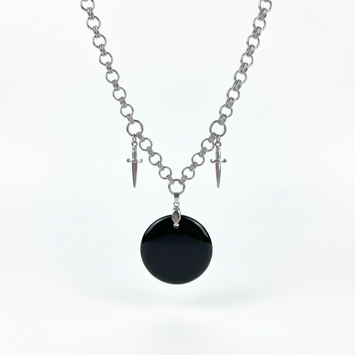 Obsidian black mirror necklace, scrying divination jewelry, athame daggers