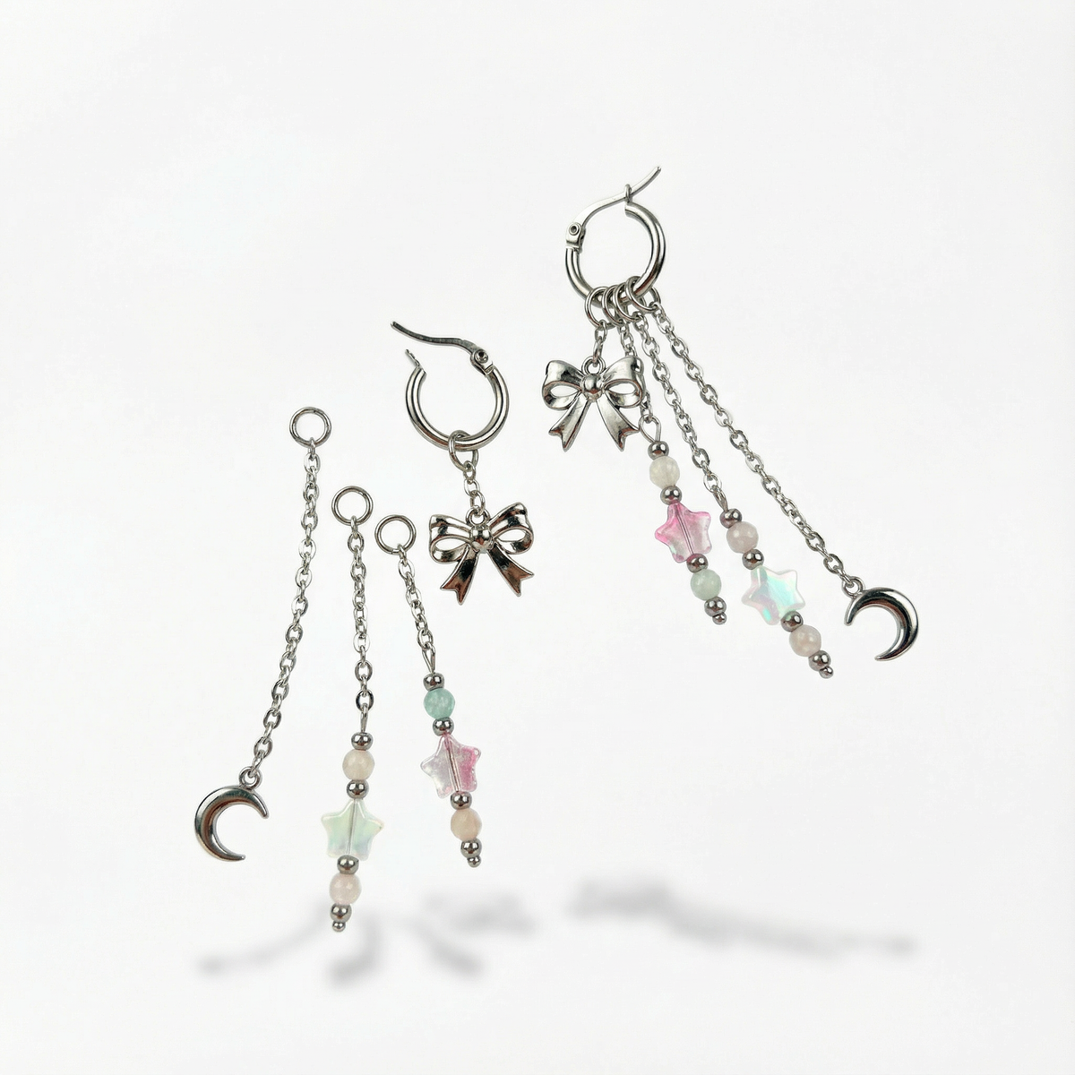 Boucles d'oreilles créoles Mix & Match nœud, lune et étoiles, morganite et quartz rose