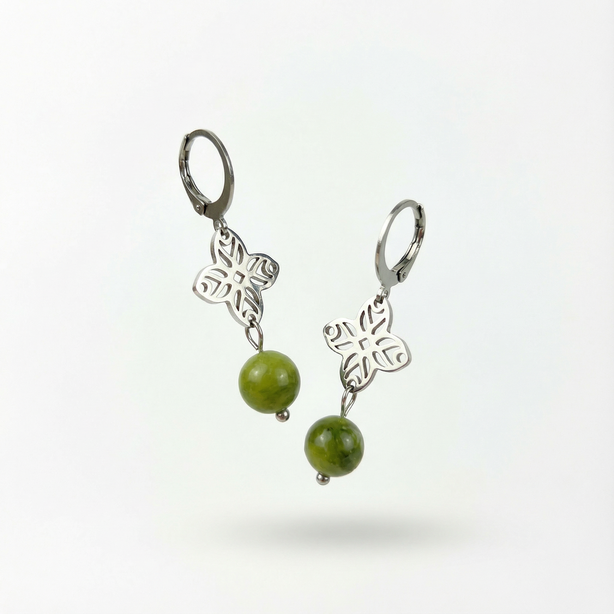 Art deco green jade earrings, floral mandala Baguette Magick