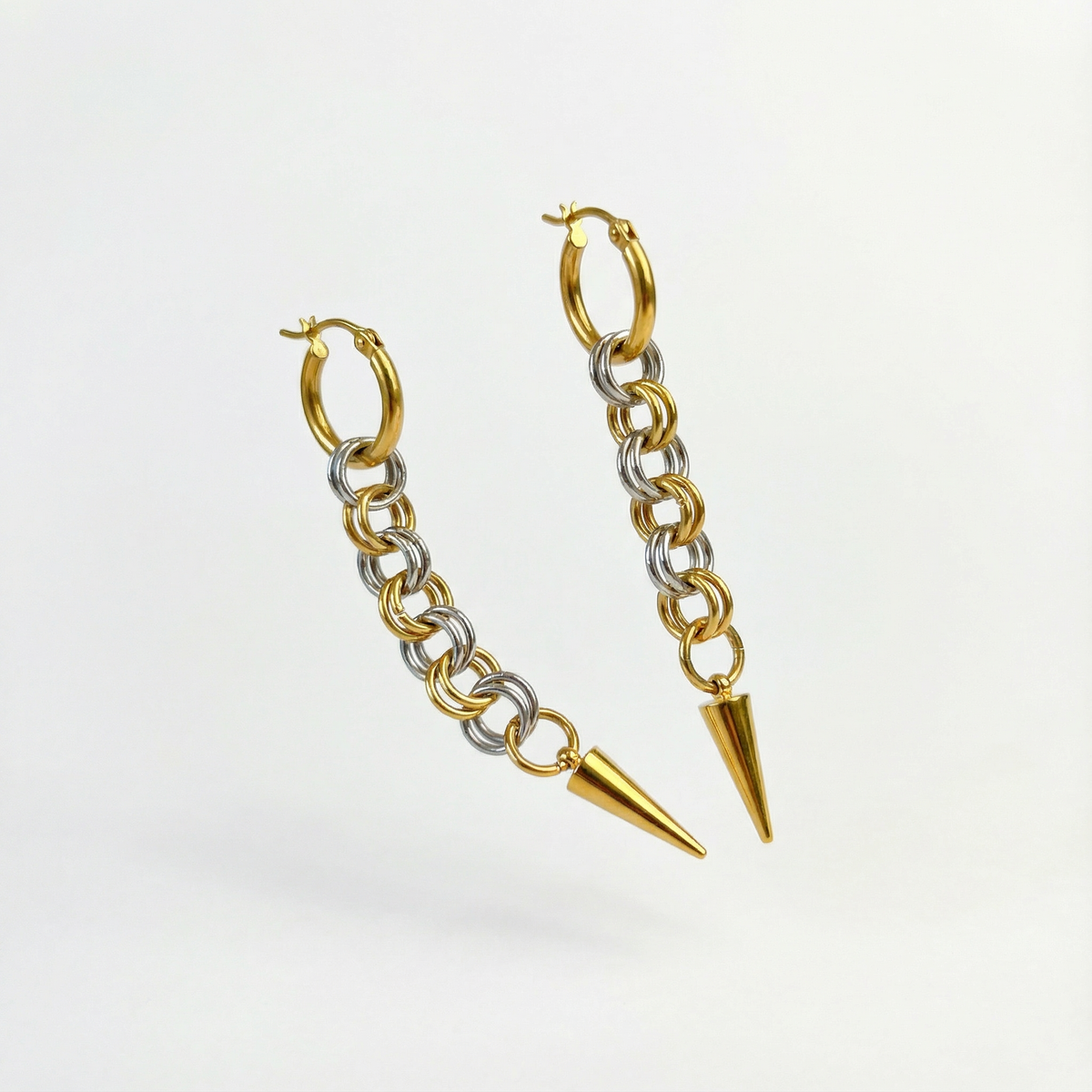 Silver and gold mixed metal chainmail earrings, hoops and spikes Baguette Magick