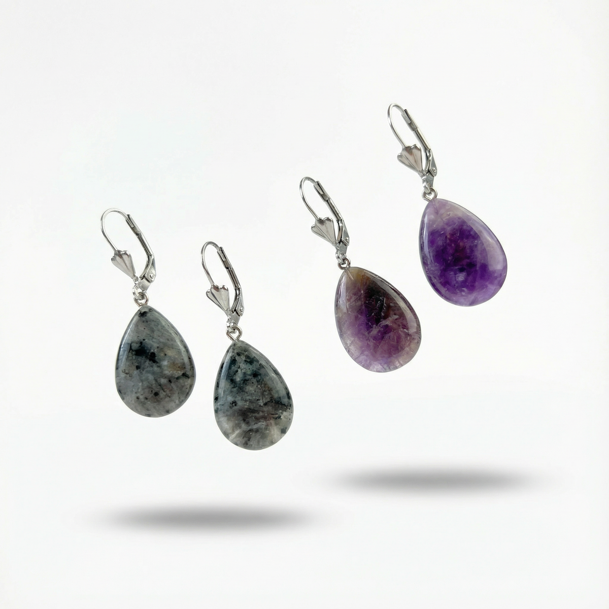 Boucles d'oreilles Art déco en forme de larme, en améthyste ou en larvikite