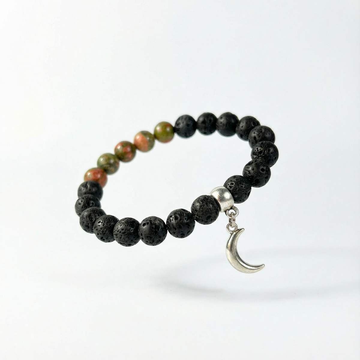 Unakite and lava mala beaded bracelet with a crescent Moon charm
