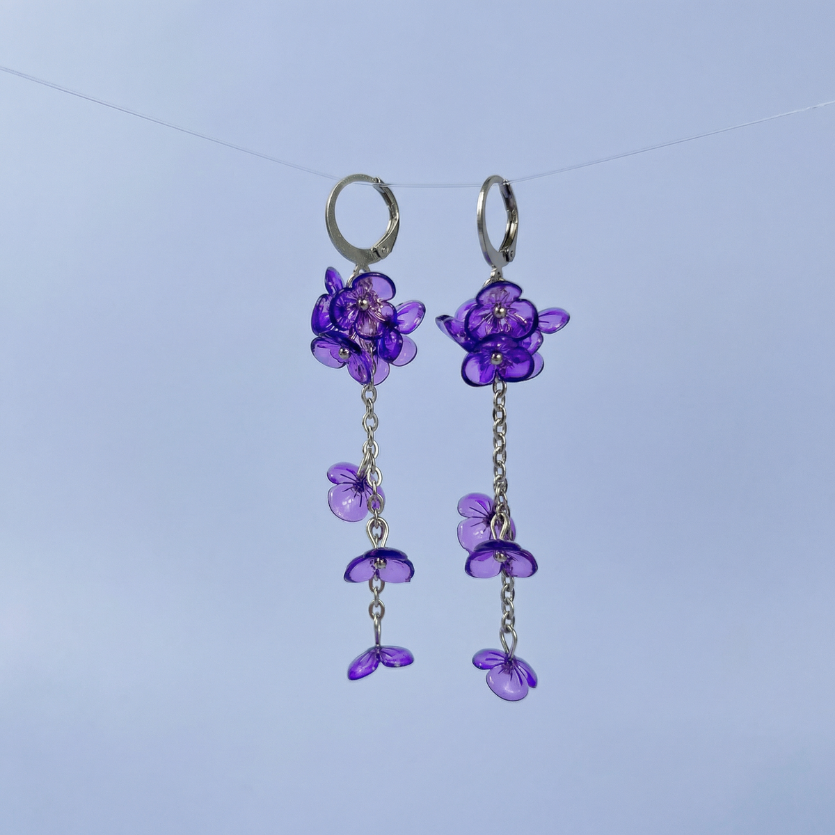 Purple orchid flowers dangle earrings, stainless steel Baguette Magick