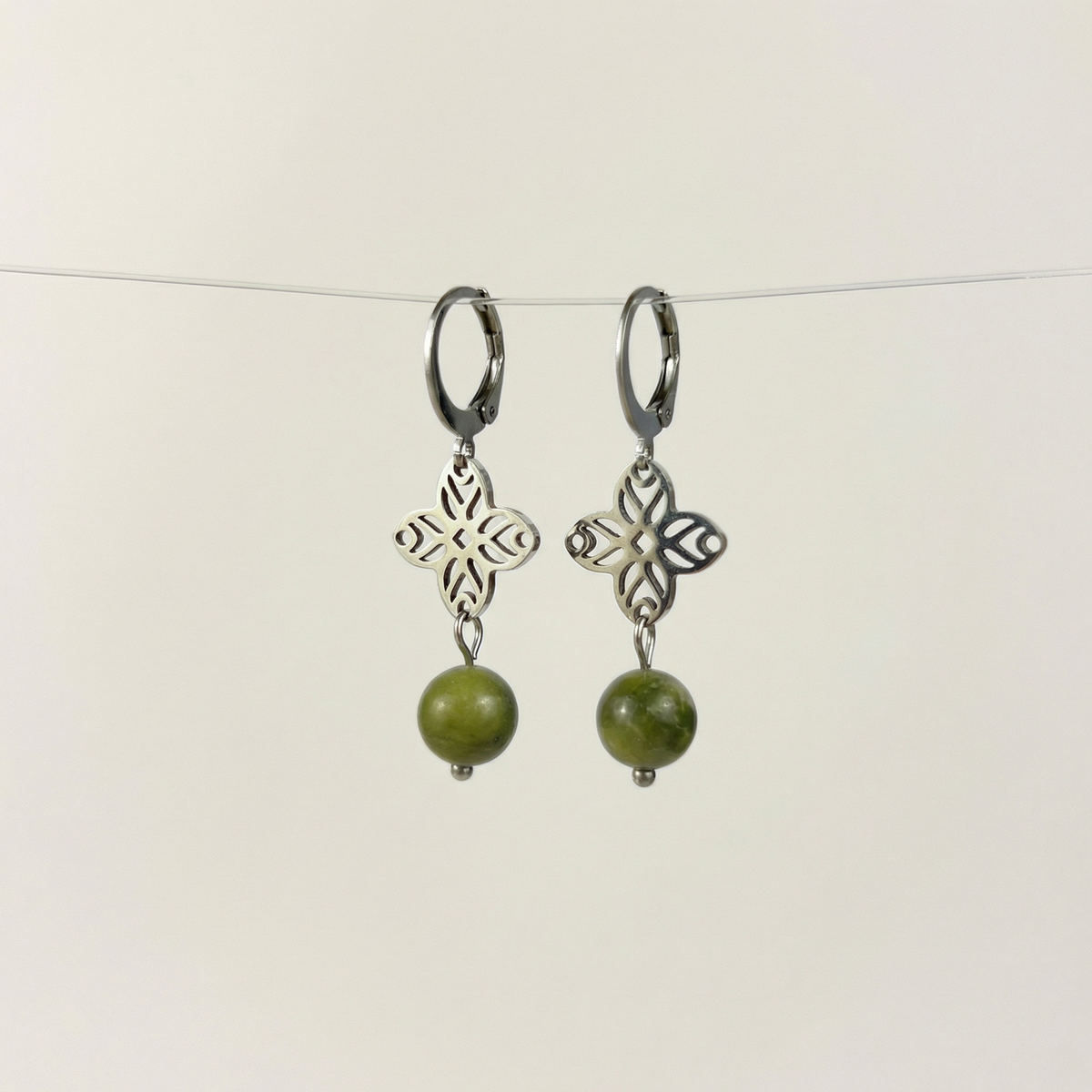 Art deco green jade earrings, floral mandala Baguette Magick