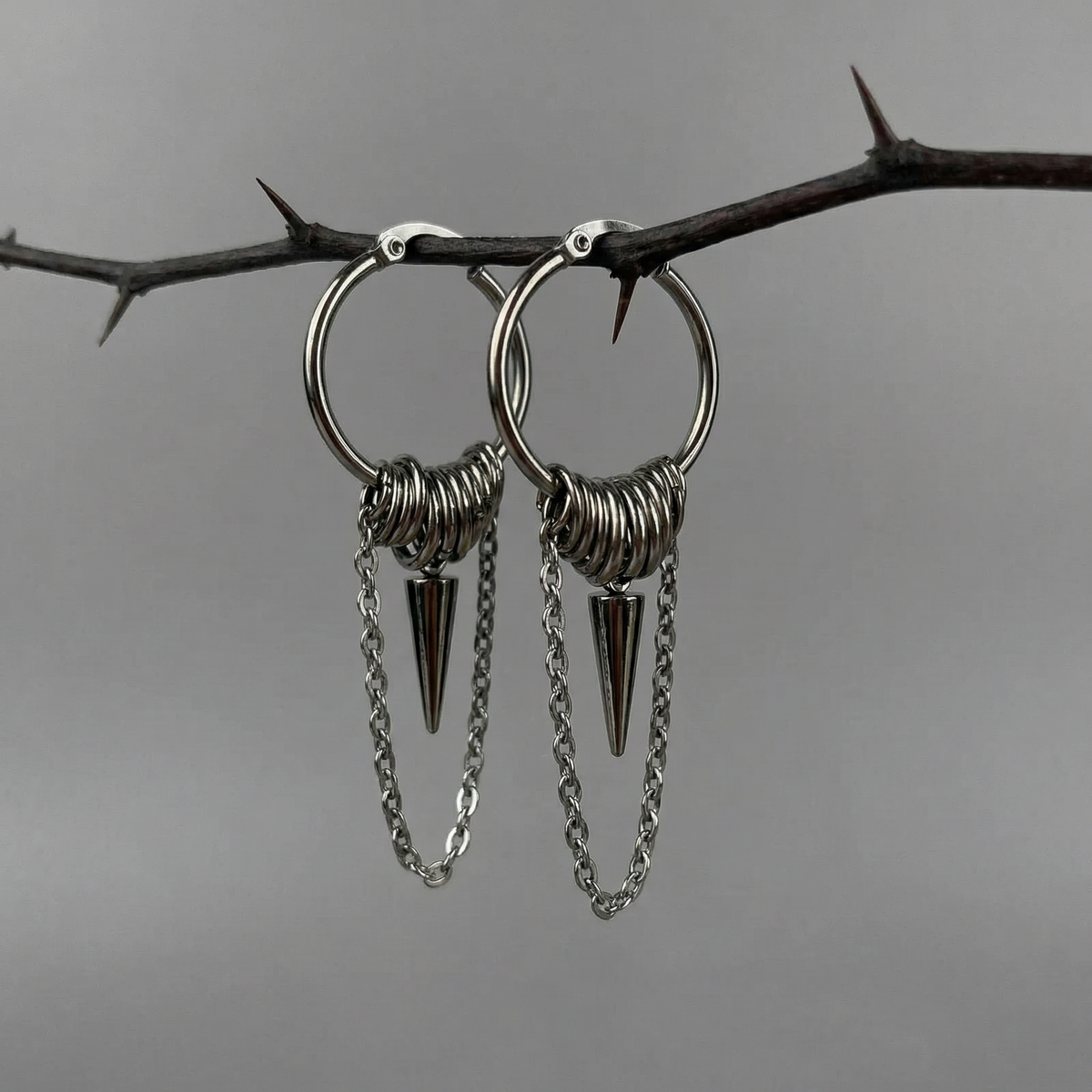 Big hoop earrings with jump rings, spike and chain, industrial style Baguette Magick