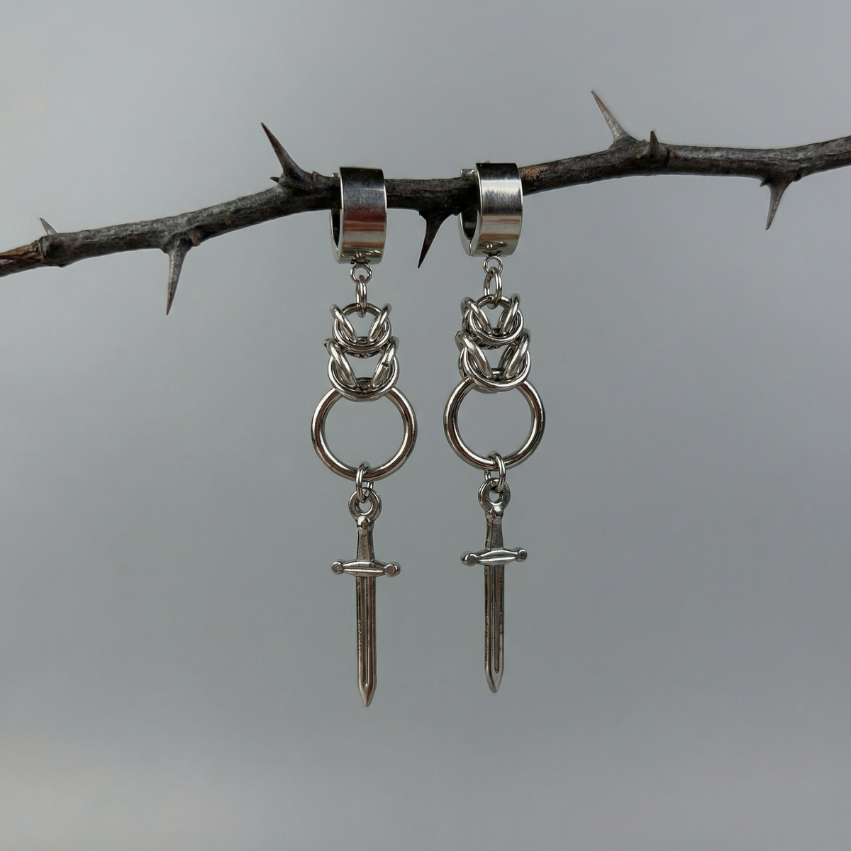 Dagger and Byzantine chainmail earrings Baguette Magick